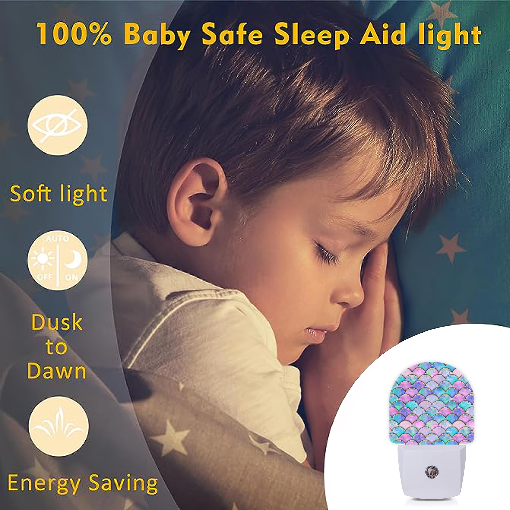 Axxitude Pink Mermaid Fish Scales Night Lights Plug Into Wall For Girls Boys Room,Night Light Led Lamp Dusk To Dawn Sensor Round