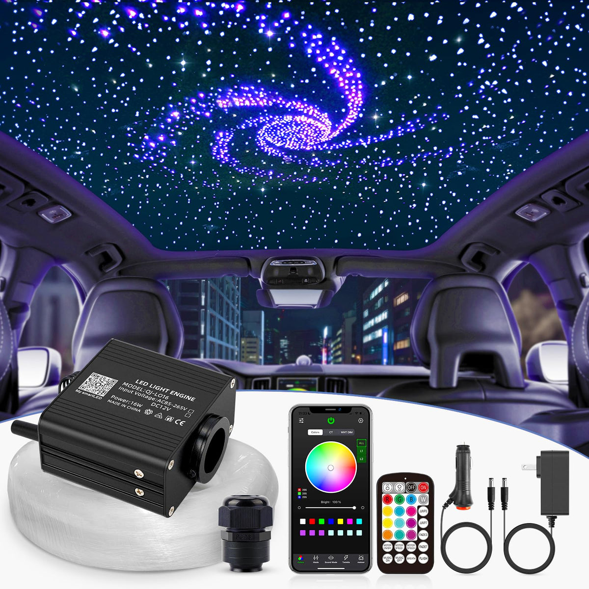 SUNKENET 16W Twinkle Starlight Headliner Kit, 500pcs of (0.03+0.04+0.06in)*9.8ft Fiber Optic Strands Bluetooth APP/Remote/Music 