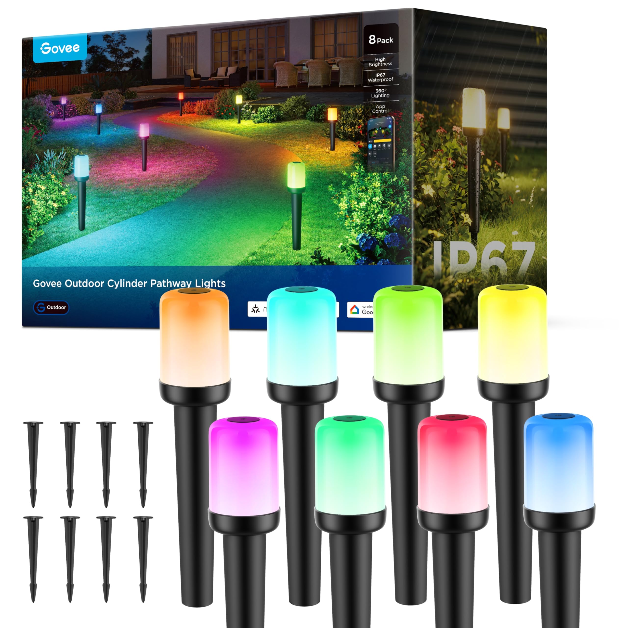 Govee Outdoor Cylinder Pathway Lights 8 Pack, 425lm Patio Lights, IP67 Waterproof, 60+ Preset Scene Modes, Outdoor Decor for Pat