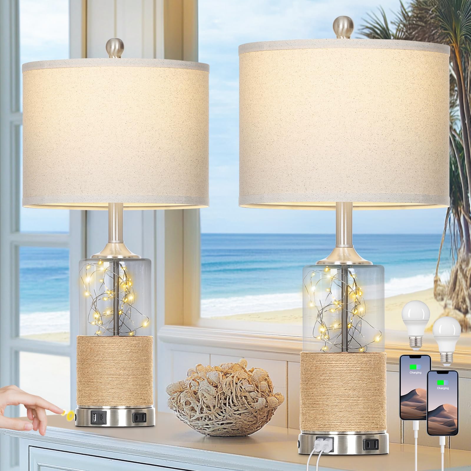 25'' Coastal Glass Lamps Set Of 2, Touch Control 3-Way Dimmable Night Light Modern Table Lamp With Usb A+C Ports & Ac Outlets Li