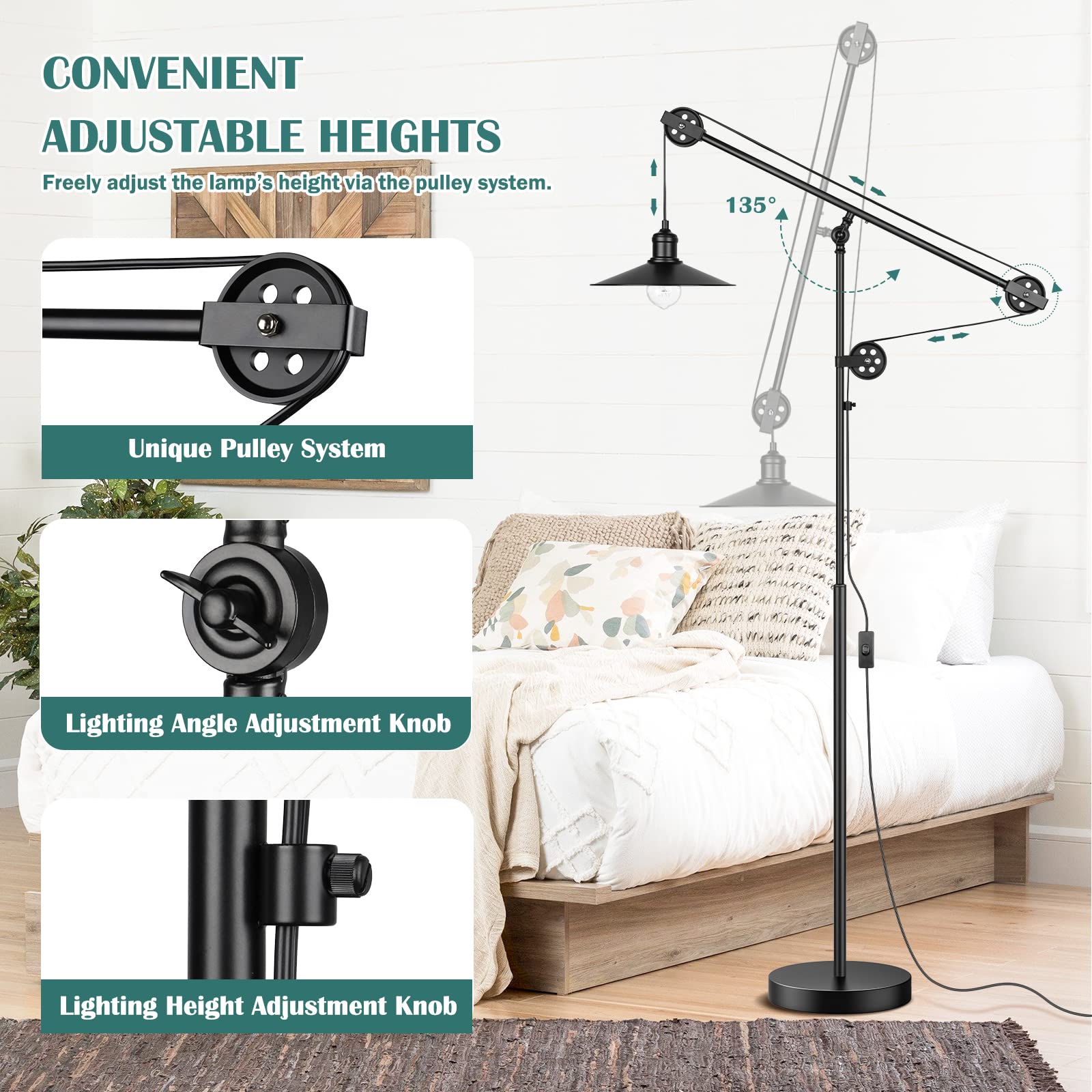 Adjustable Industrial Floor Lamps For Living Room - Rustic Reading Lamp With Pulley System, Modern Farmhouse Indoor Pole Task La