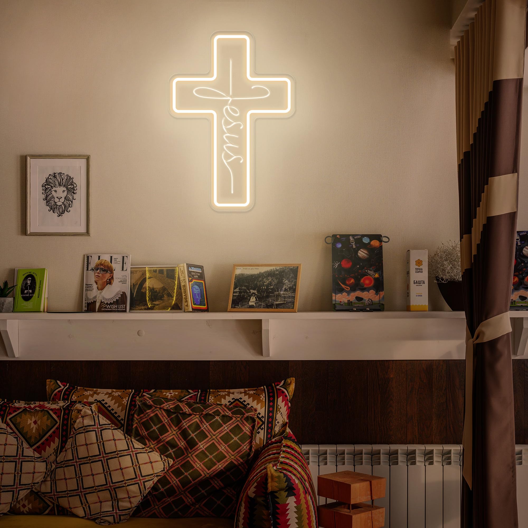 HAJAE Cross Neon Sign LED Wall Decor, Dimmable, Warm White, 15.5in ×11in , Model HAJAE01 for Bedroom, Living Room, Religious Events