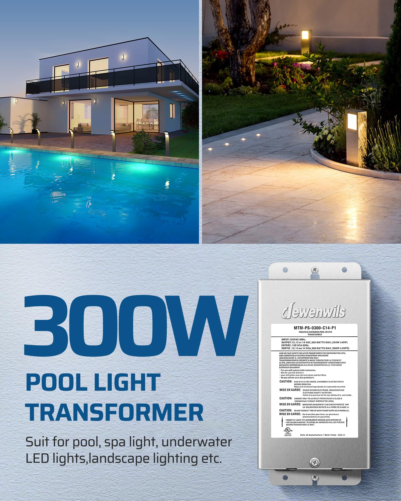 DEWENWILS Low Voltage Pool Light Transformer 300W, Multi-tap AC 12V/13V/14V, Stainless Steel, Model HSLT05P, Silver