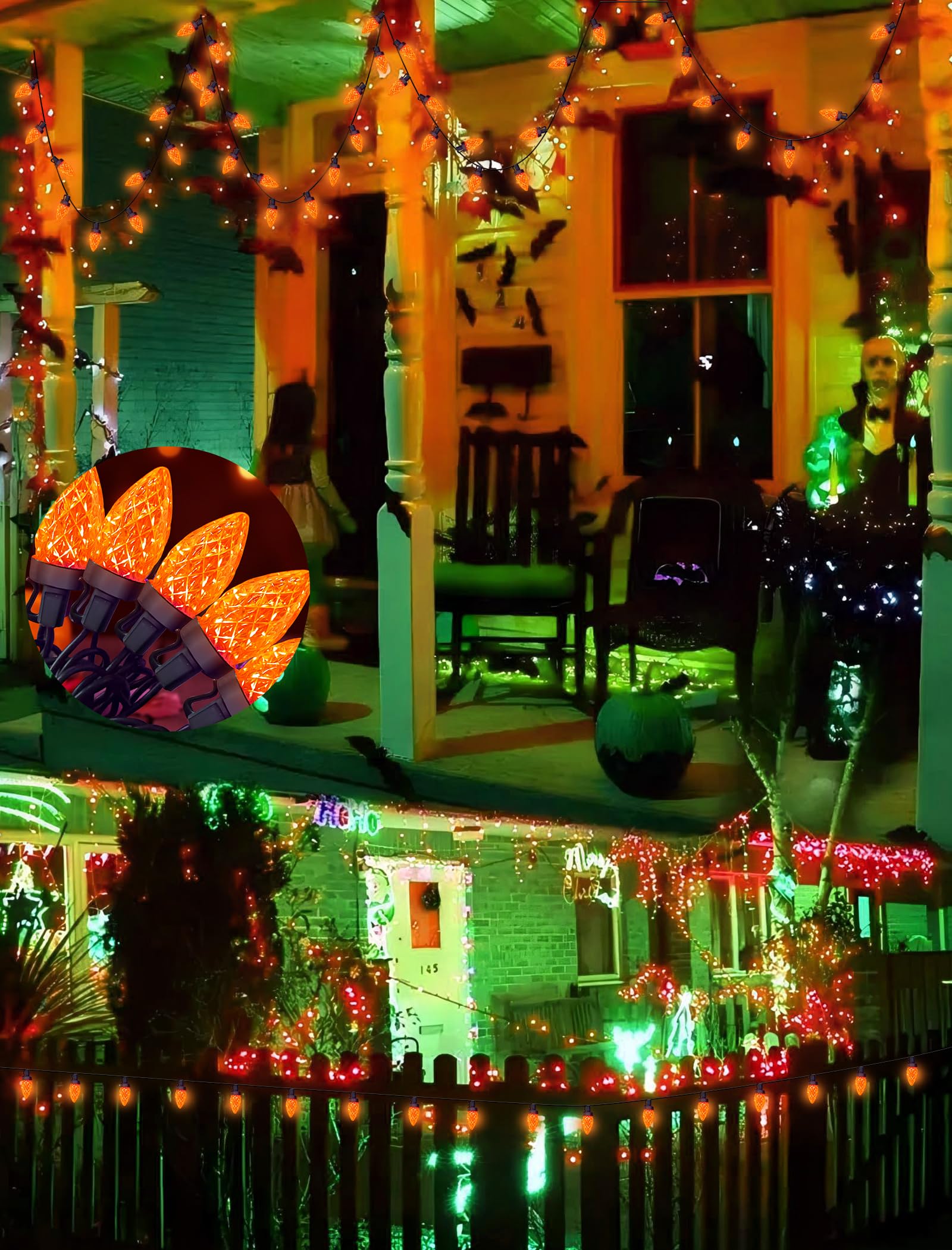Orange Halloween String Lights Outdoor  26Ft Halloween Decorations Lights With 50 C7 Led Strawberry Orange Bulbs  Hanging Outdoor Patio Light For Outside Roofline Fall House Window Holiday Party Decor