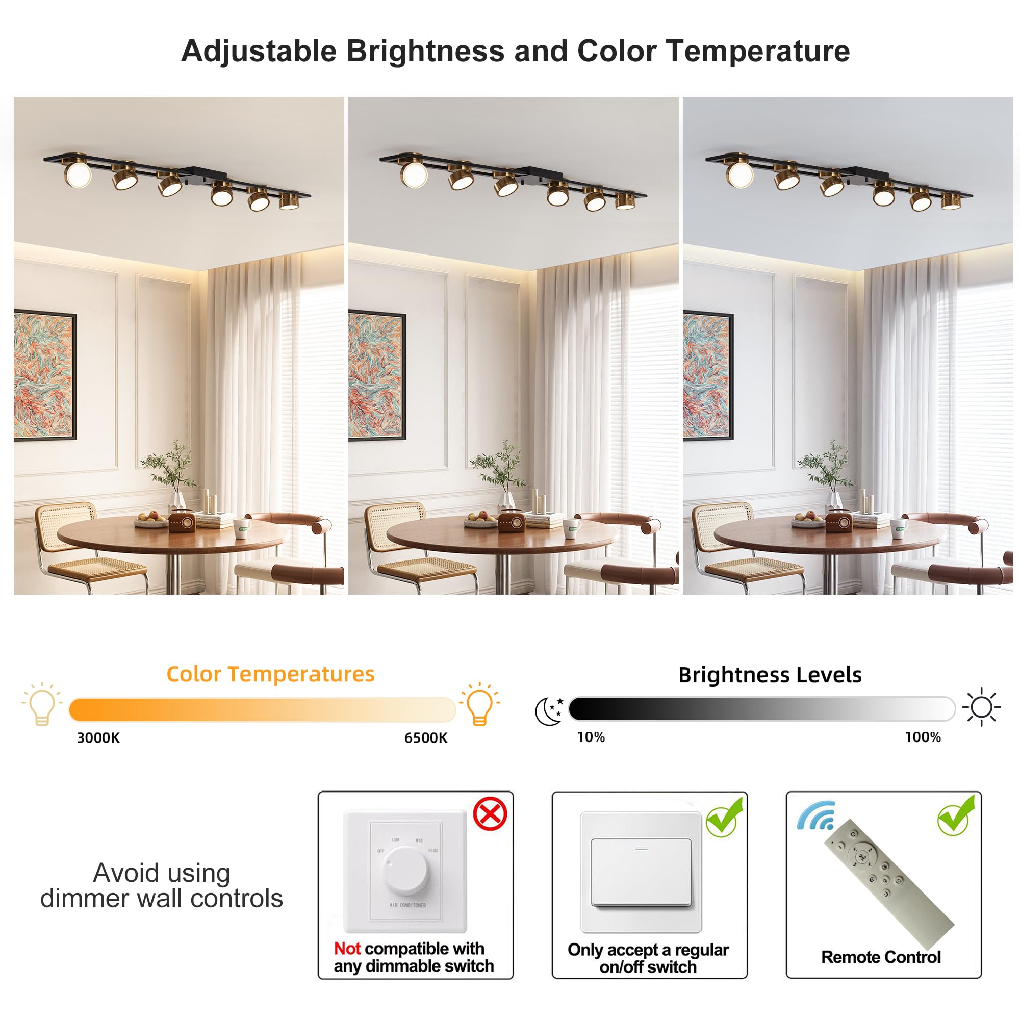 Garwarm Modern Ceiling Light, Dimmable LED Chandelier, 6-Light, 48.4 Inch, Black, Model TT-JD1605-6B-N