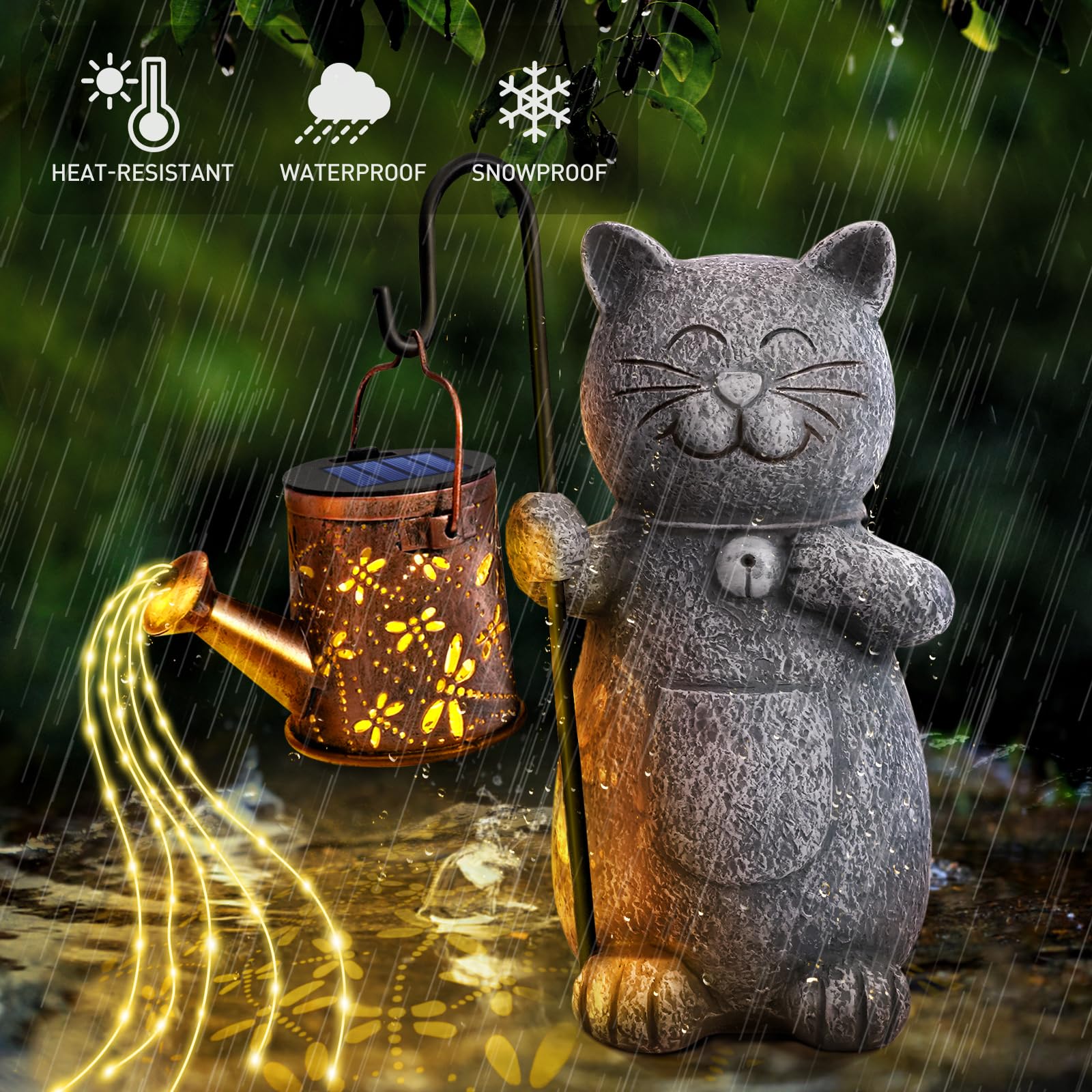 Hinshark Solar Garden Cat Statue With Kettle Light - Perfect Valentines & Birthday Gifts For Cat Lovers