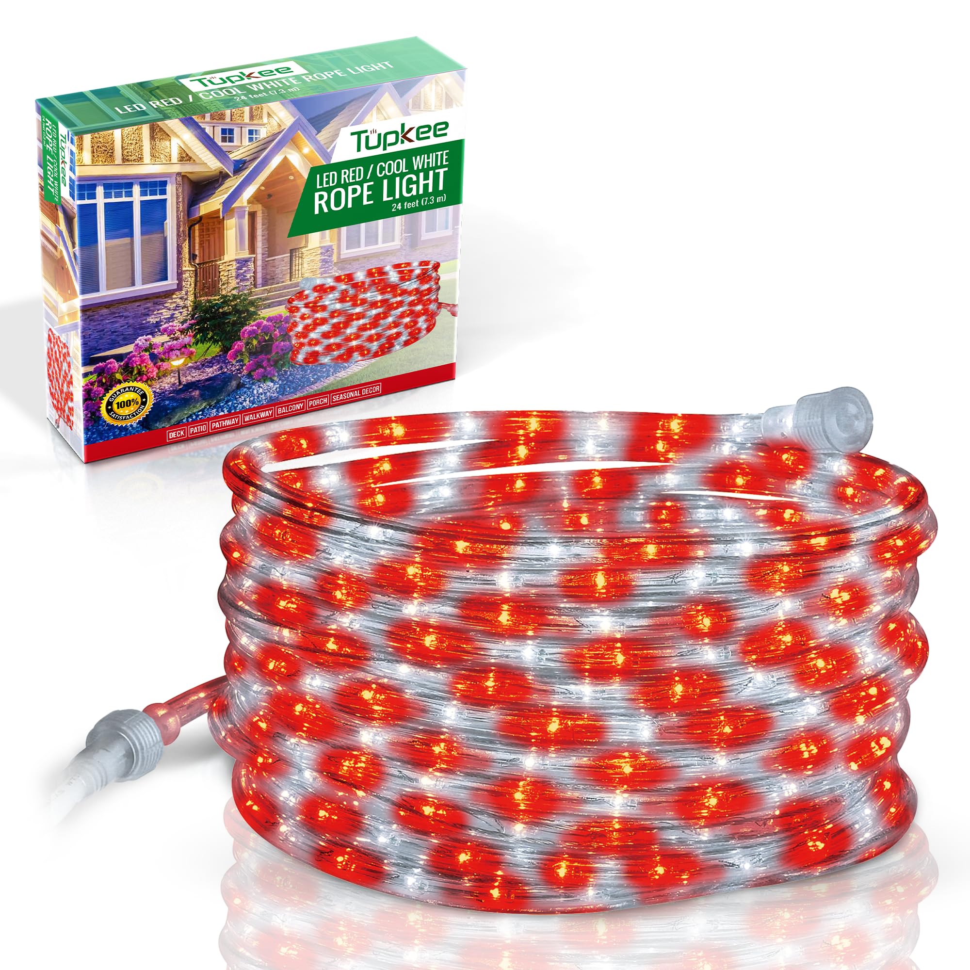 Tupkee LED Rope Light - Red & Cool White - 24 Feet (7.3 m) - 144 Long Life Bulbs - PVC Tube and Copper Wire