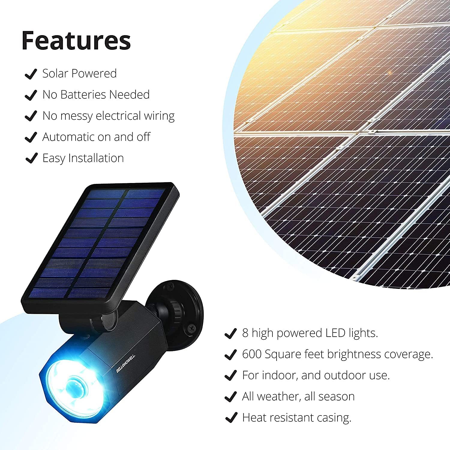 Bell+Howell Bionic Spotlight Deluxe Solar Lights - 8 LED, Motion Sensor, Waterproof, Black, Outdoor Landscape Lighting