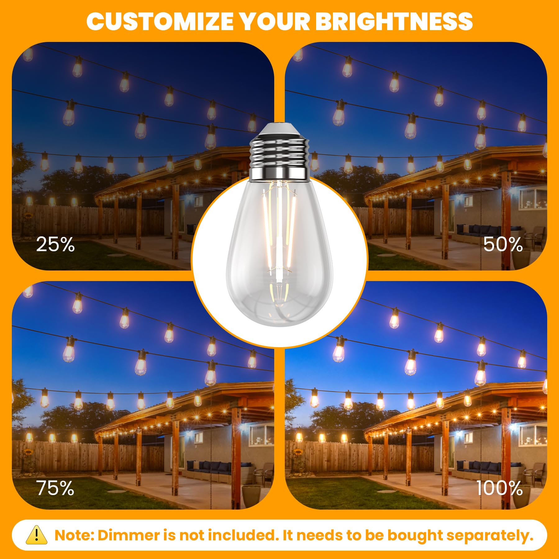 Zuske 25-Pack Led S14 Replacement Light Bulbs, Shatterproof 0.9W Vintage Edison Bulbs For Outdoor Patio Backyard String Lights,