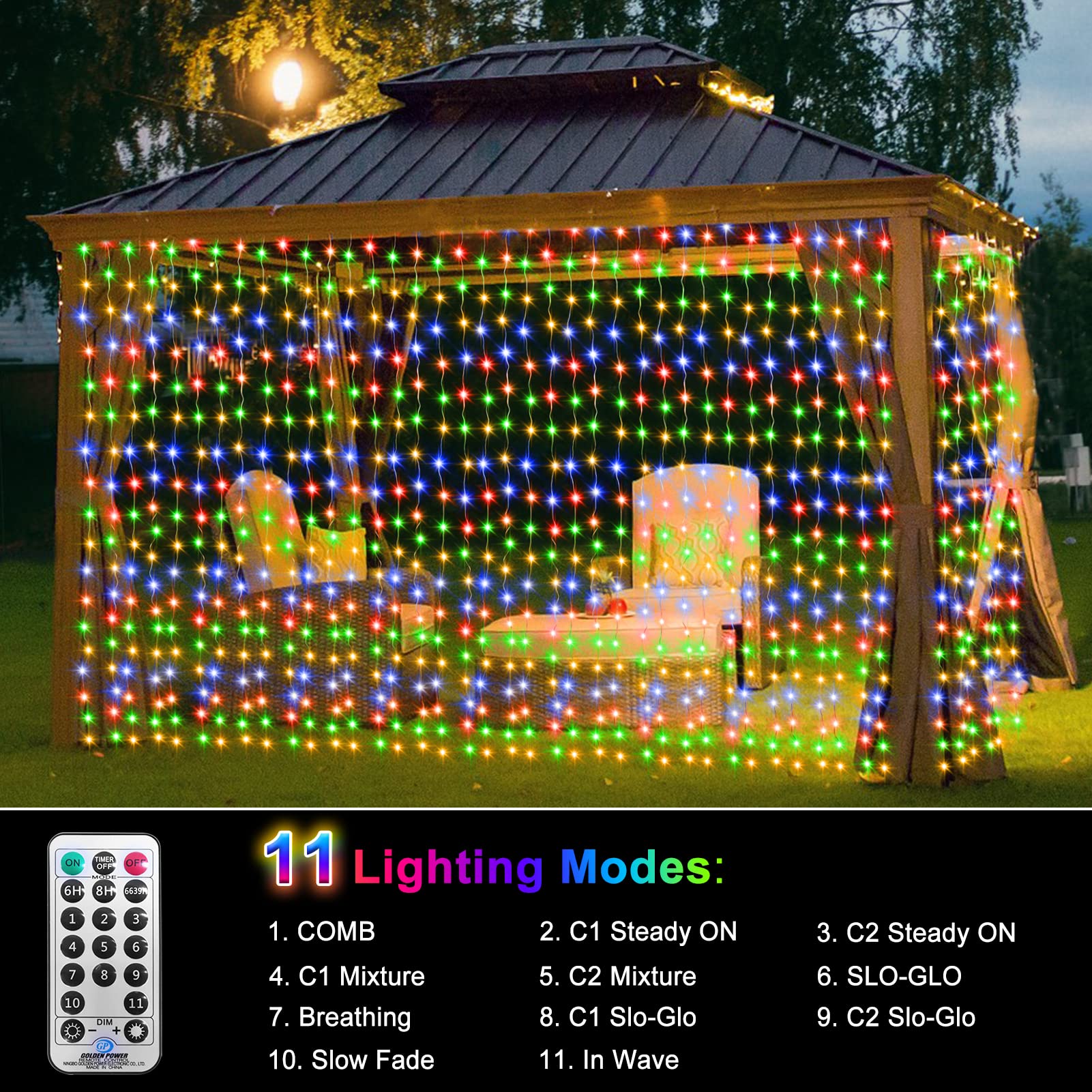 ZAIYW 600 LED Curtain Lights, 20Ft x 10Ft, Dual Color Changing, Waterproof, Warm White & Multicolor, Model DMO-300 for Outdoor Decor