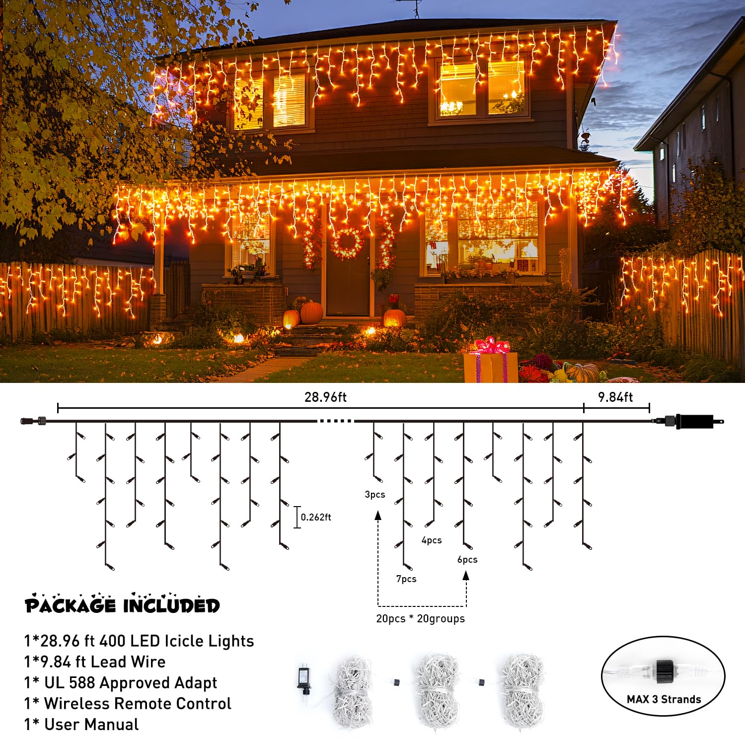 JMEXSUSS 400 LED Orange Icicle Lights, Waterproof, 8 Modes, Plug-in for Halloween & Christmas, Model EXS-I-0400
