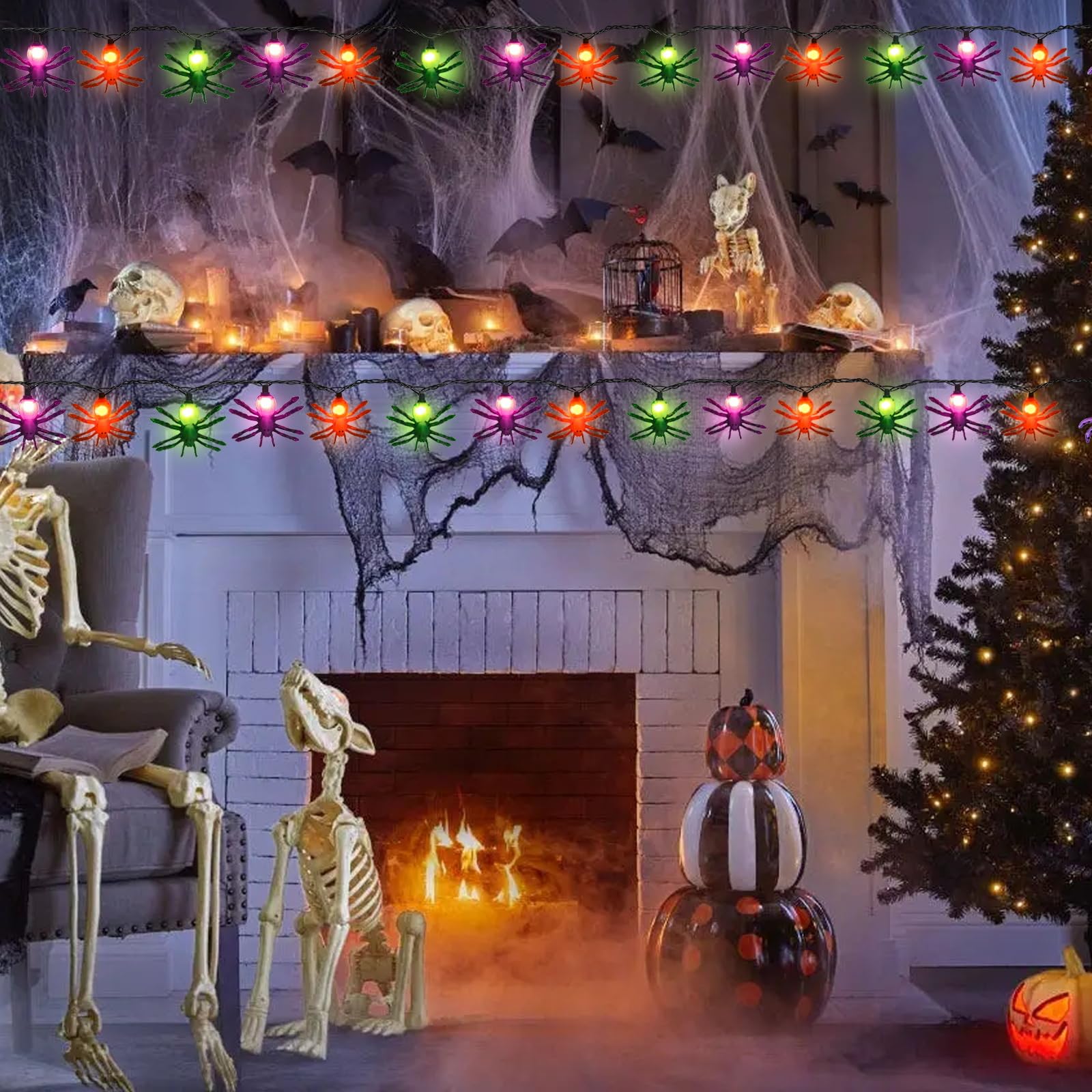 Oviejo Halloween Spider String Lights, 8.5FT Multi-Color LED Lights with 10 Spiders, Black Wire for Outdoor Party Decor