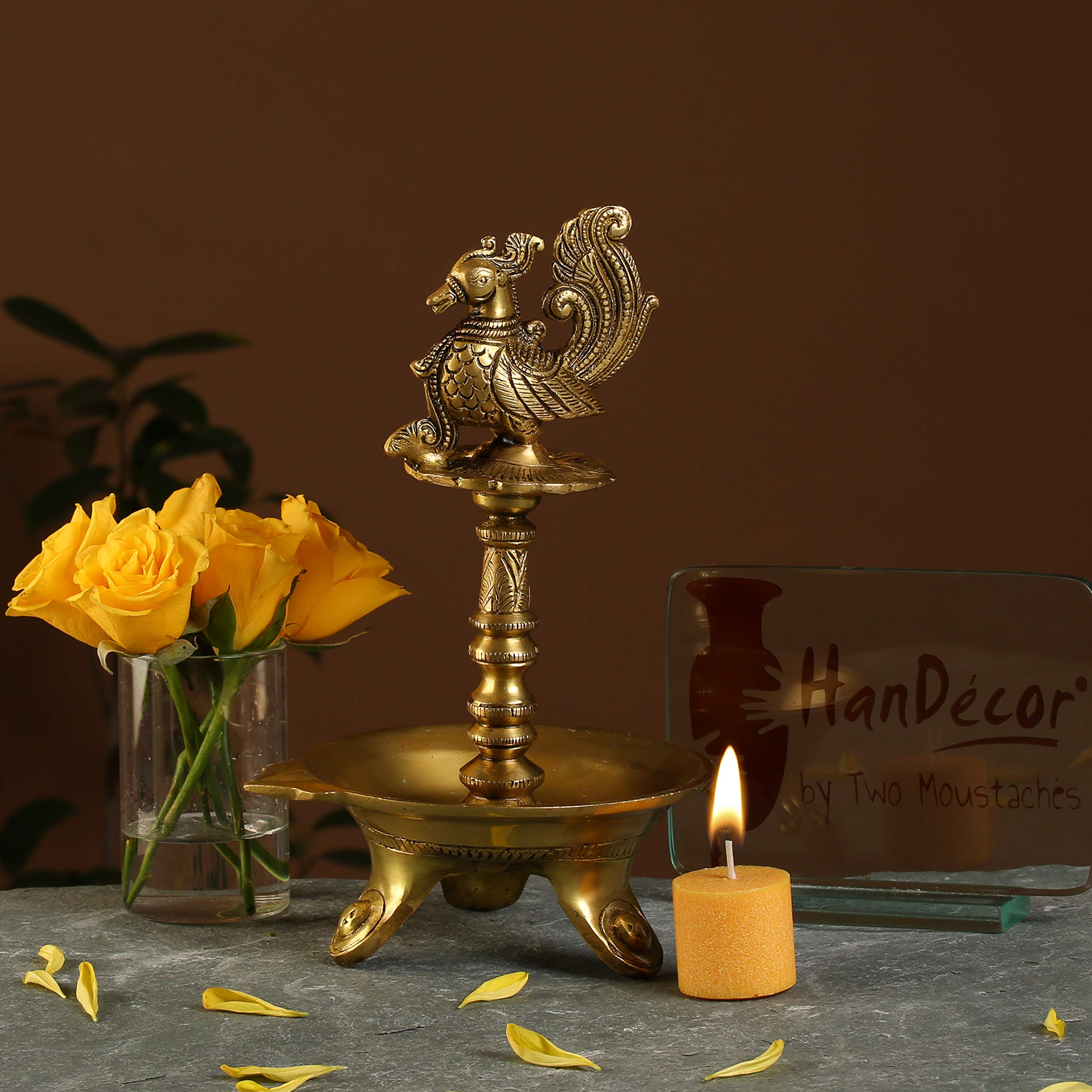 Two Moustaches Brass Peacock Design Oil Diya with Base for Home Decor, 1.5 Kg, Yellow, Standard, Pack of 1