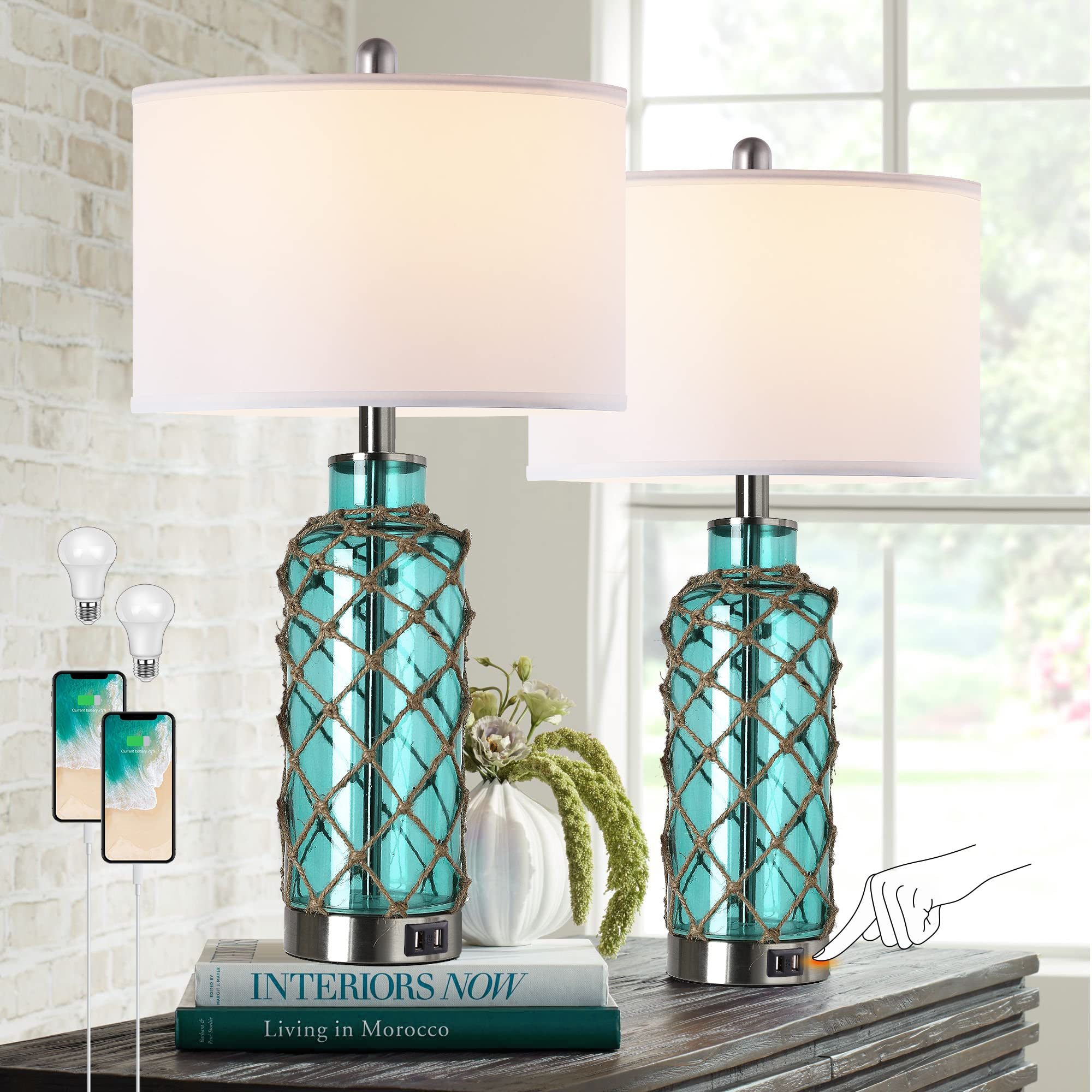 PARTPHONER Cottage Nautical Accent Table Lamp Set of 2, Touch Control, 3-Way Dimmable, Blue Green Glass, USB Ports, Model LED0977