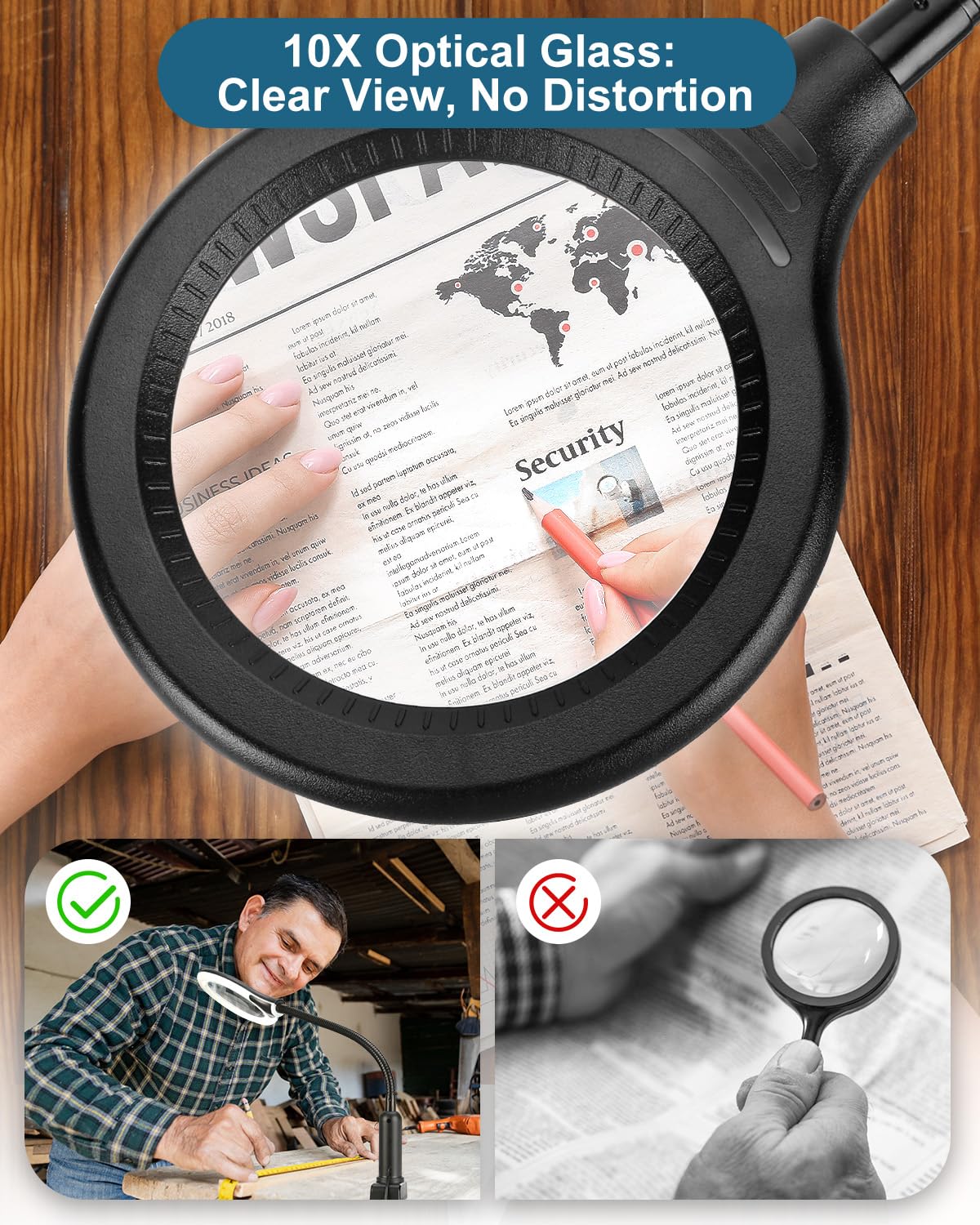 10X Magnifying Glass With Light And Stand, Led 5 Color Modes, Brightness Stepless Dimming Lighted Magnifier Hands Free, Flexible