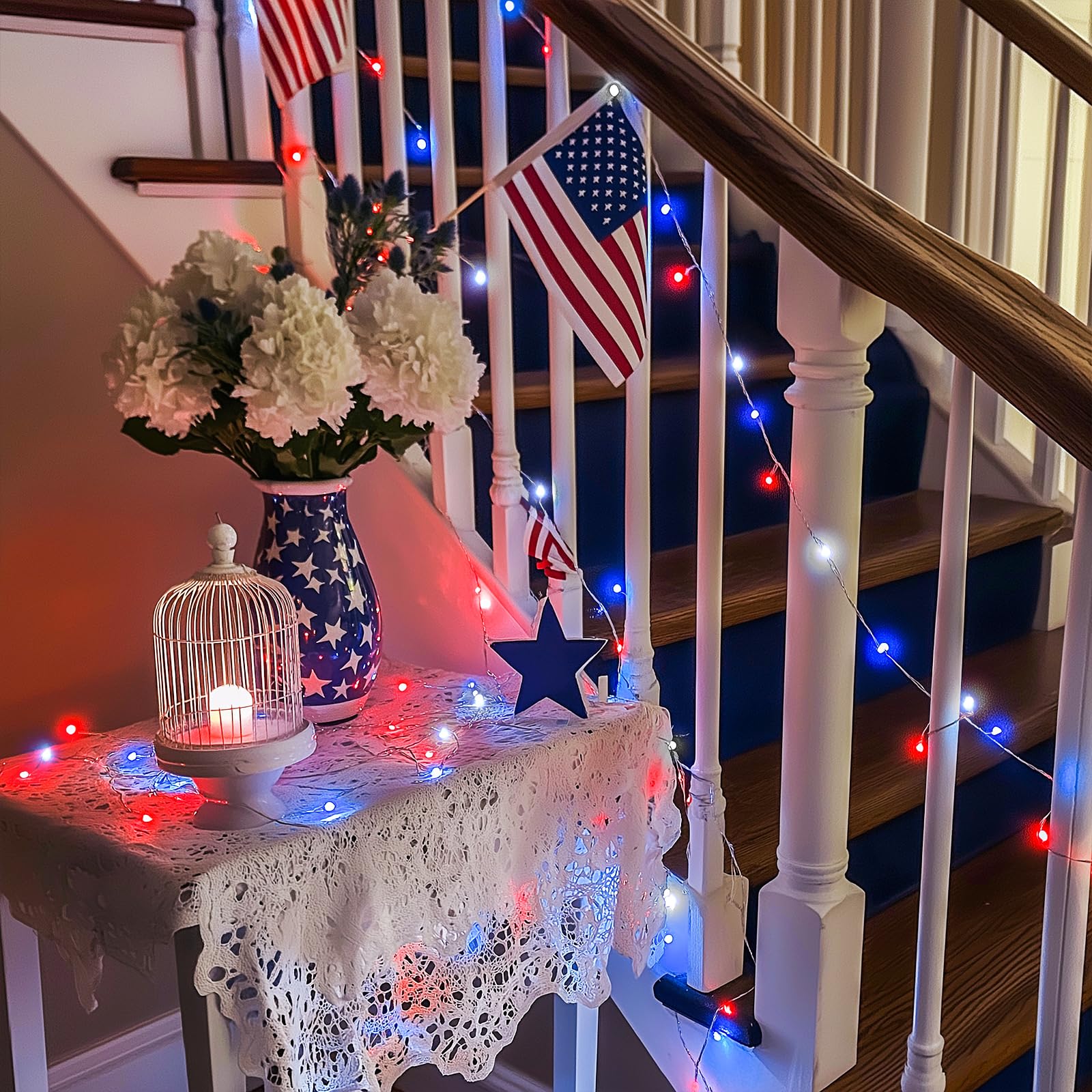 Jmexsuss 200 Led 4Th Of July Fairy Lights, Red White And Blue Lights Indoor With Wheel, 8 Modes Remote Control Twinkle Patriotic