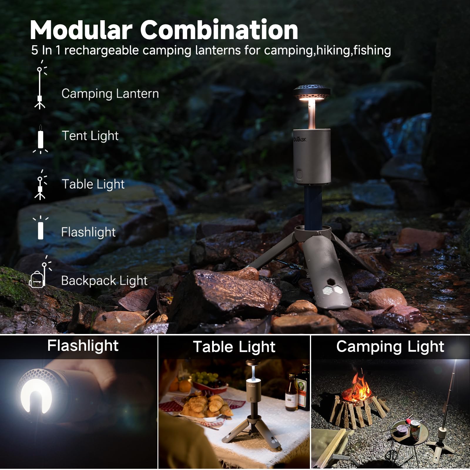 Outask Camping Lantern - Rechargeable 12000mAh, Telescoping, Waterproof, Tactical Brown, Model TD-1