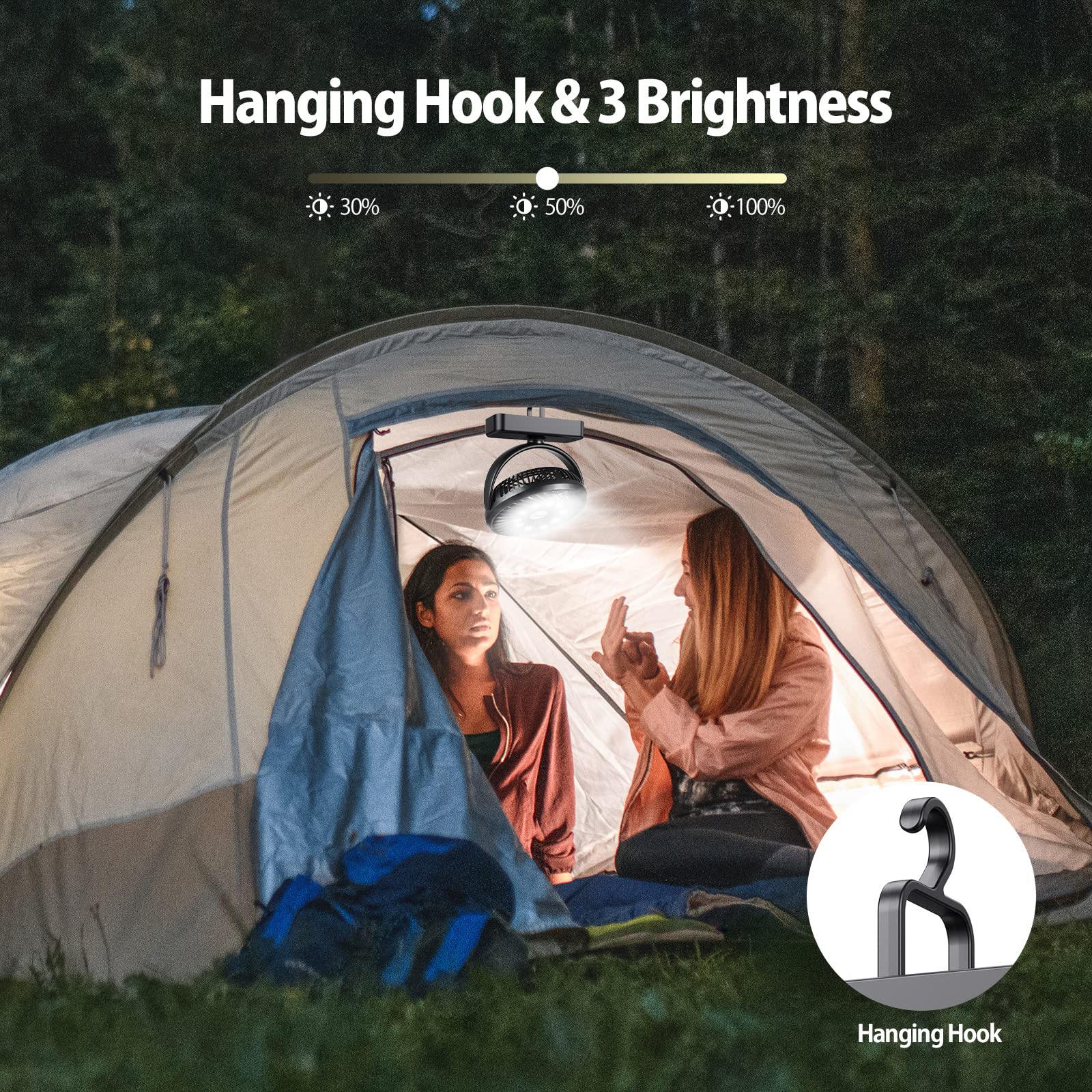 AMACOOL 10000mAh Camping Fan - 7" USB Fan with LED Light, Black, Model F320, Ideal for Tent, RV, Hurricane Emergency, Hanging Hook