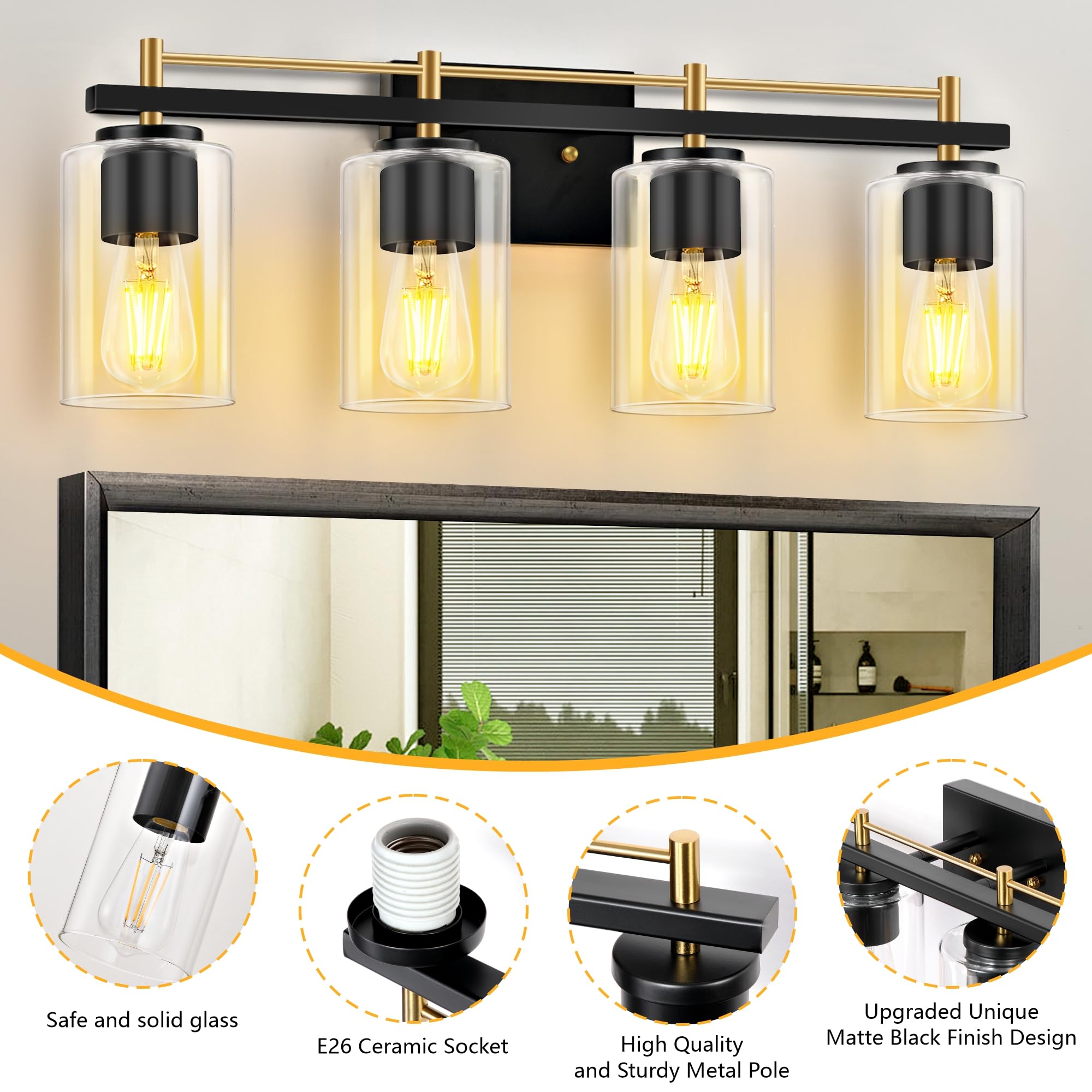 LETRY Bathroom Vanity Light Fixture, 4-Light, Iron, Black and Gold, Model BL-4-BG, Clear Glass Shade for Mirror