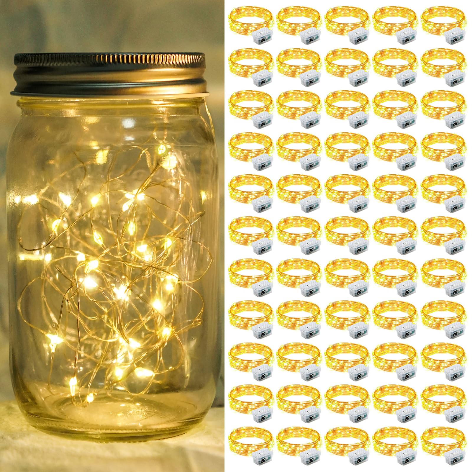 chzk 50 Pack Fairy Lights, 20 LED Twinkle String Lights, 7Ft, Battery Operated, Waterproof, Warm White, Model A01-Mini