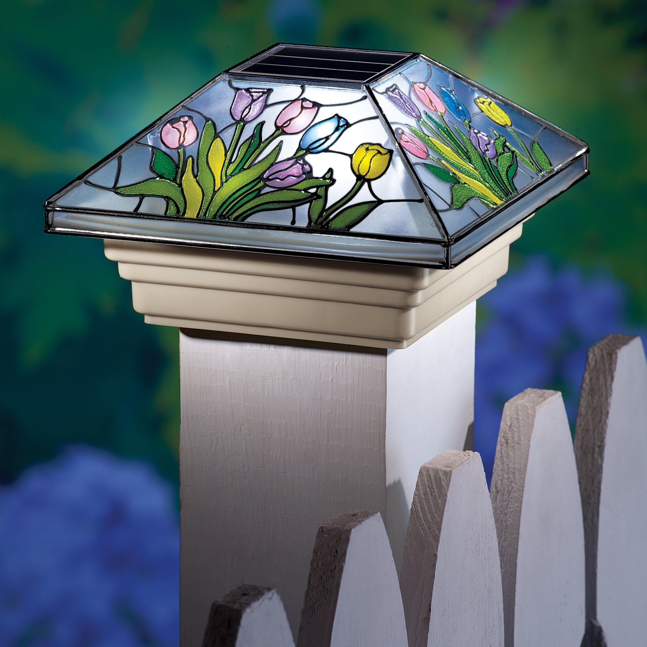 Collections Etc Spring Solar Fence Post Cap Light with Beautiful Colorful Flowers and Hummingbirds, Flower