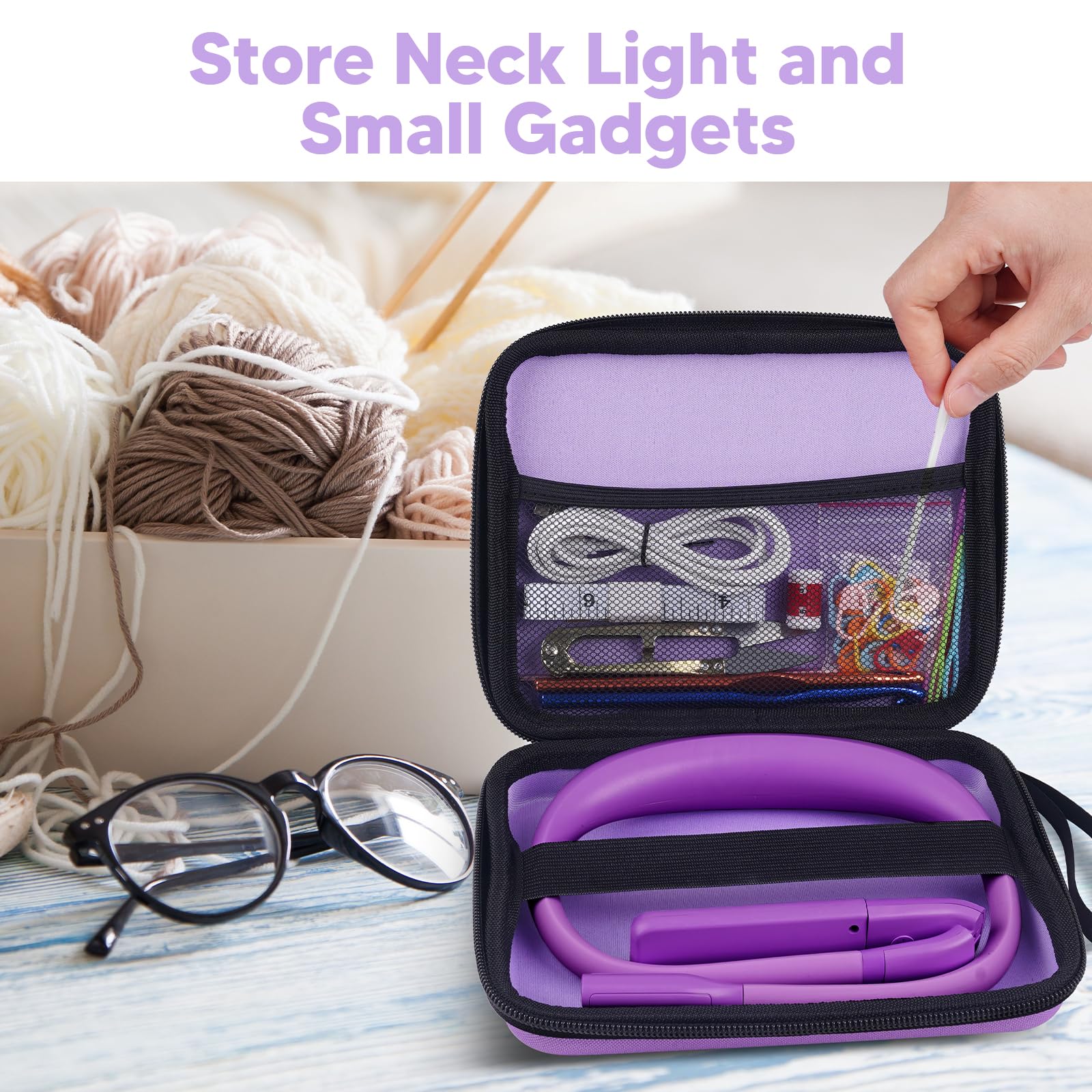 Voilet Neck Light With Storage Case, 10-80Hrs Eye-Friendly Book Reading Light, Knitting Crochet Sewing Craft Light Rechargeable