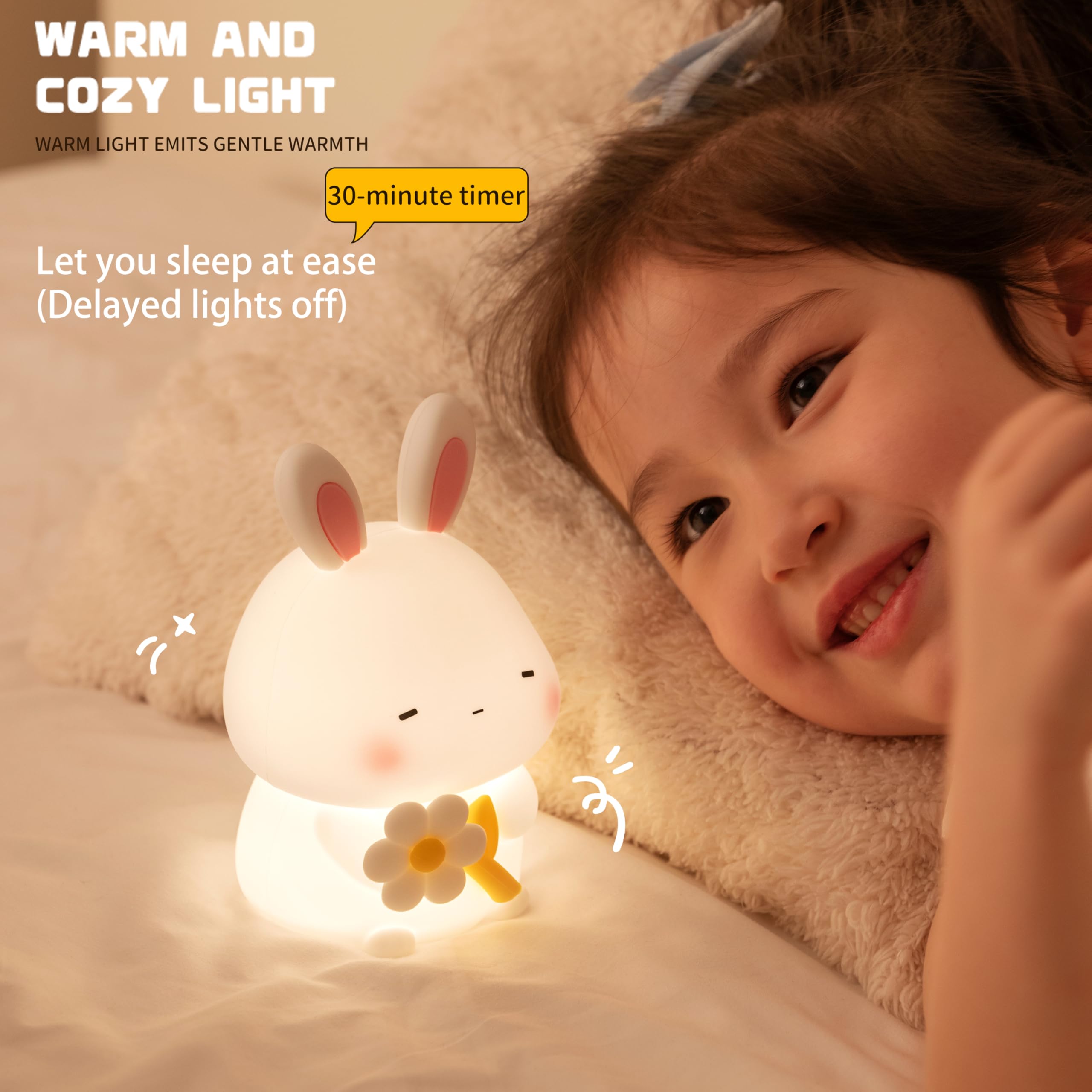 Myratts Led Cute Bunny Night Light, Dimmable Nursery Kawaii Lamps, Super Squishy Silicone USB Rechargeable Touch Control Night L