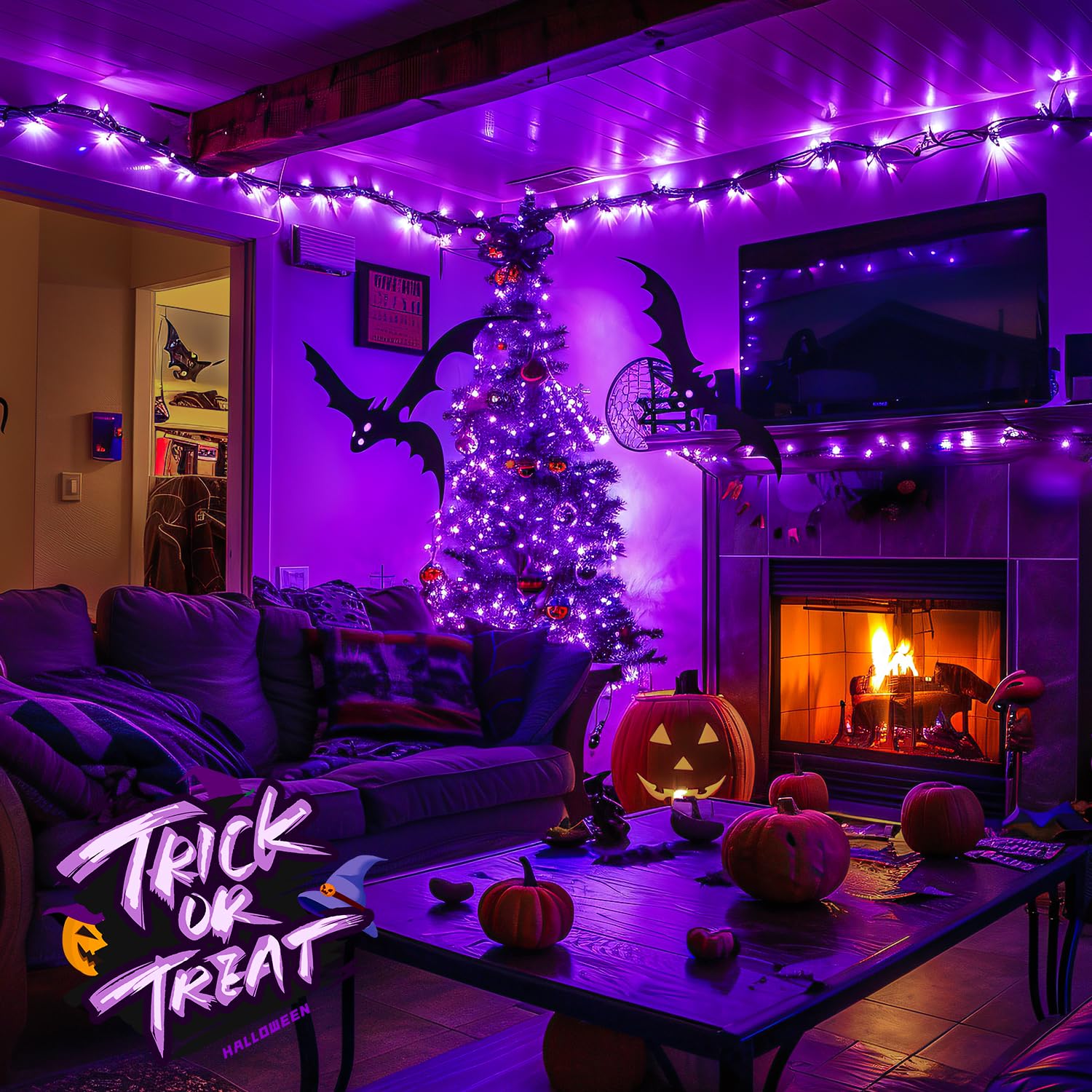 Jmexsuss 400 Led Purple Halloween Lights Outdoor: 132Ft Purple String Lights Plug In With Remote - Indoor Purple Lights For Hall