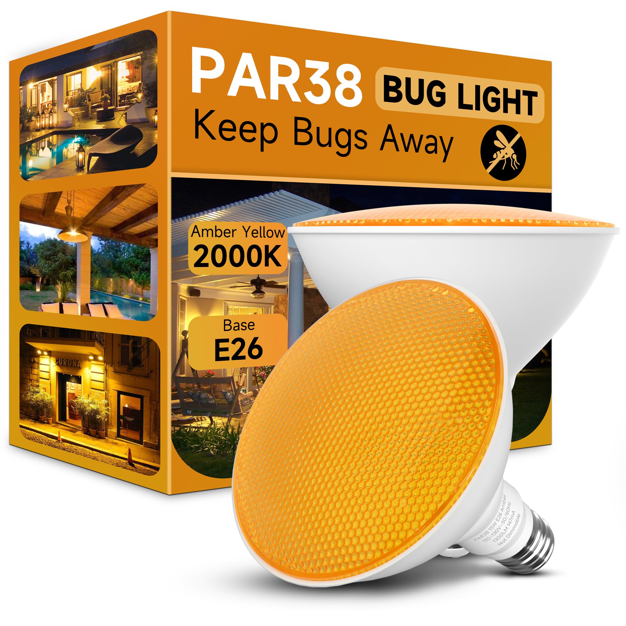 Nouscan Par38 Led Bug Lights For Outside, Amber Yellow 150W Flood Light Bulbs Equivalent, 15W Energy Saving, E26 Base, Not-Dimma