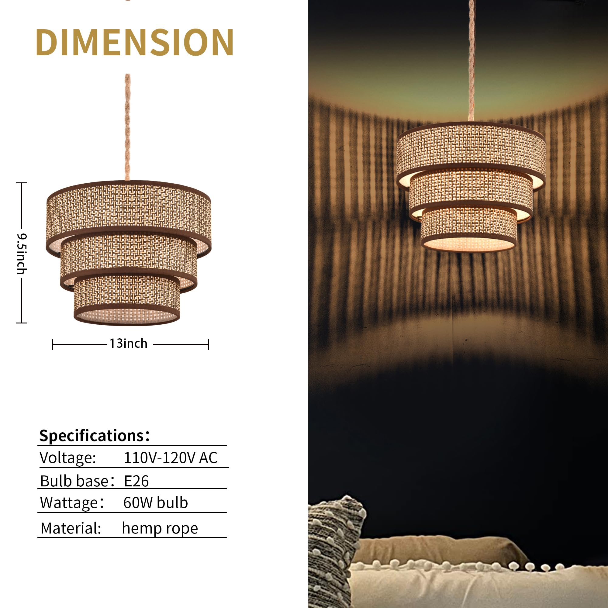 XININSUN Rattan Pendant Light Boho Wicker Chandelier 12inch Coffee 3-tier