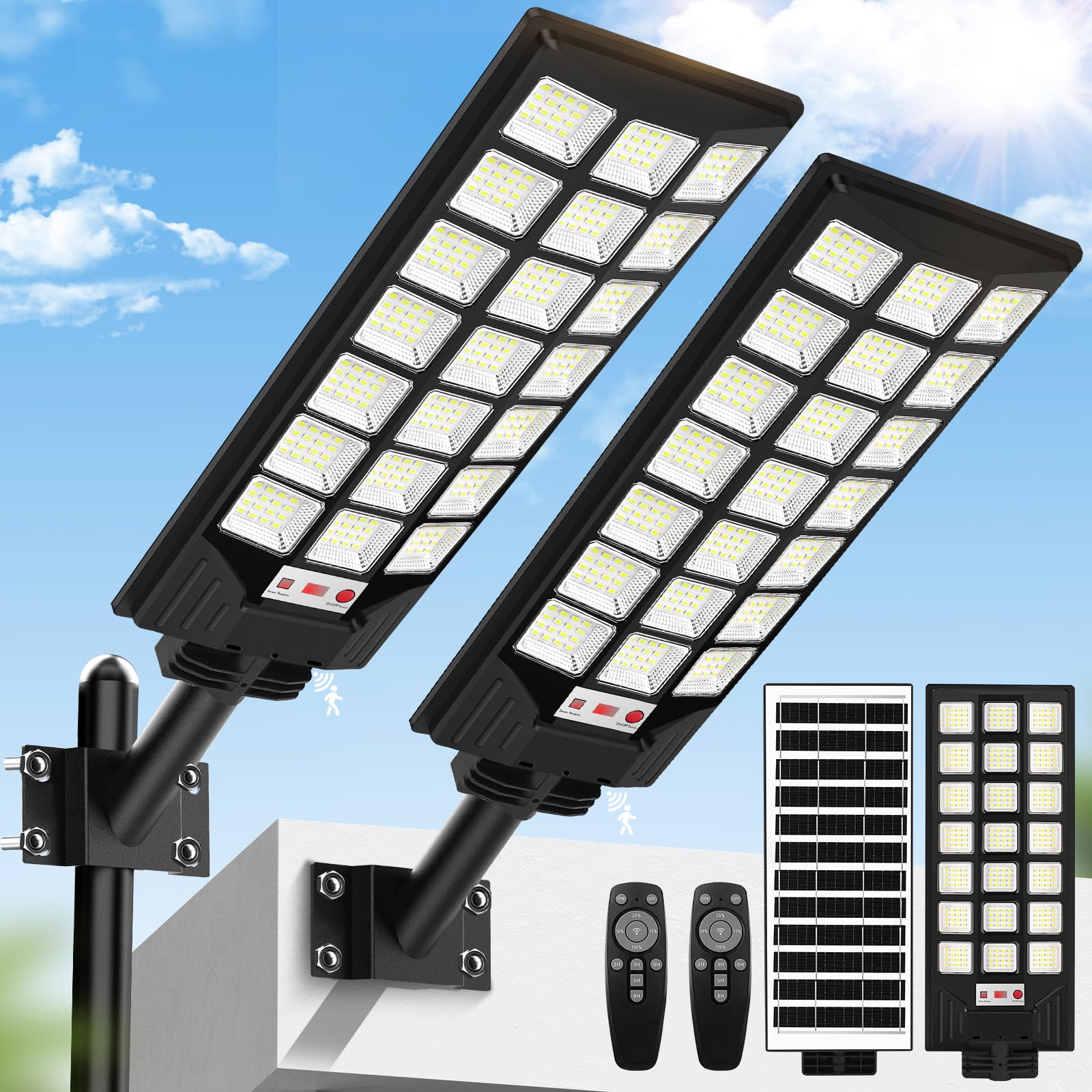 Solar Street Lights Outdoor, 32000LM 8500K Waterproof Motion Sensor Solar Powered Flood Lights with Remote Control, Dusk to Dawn