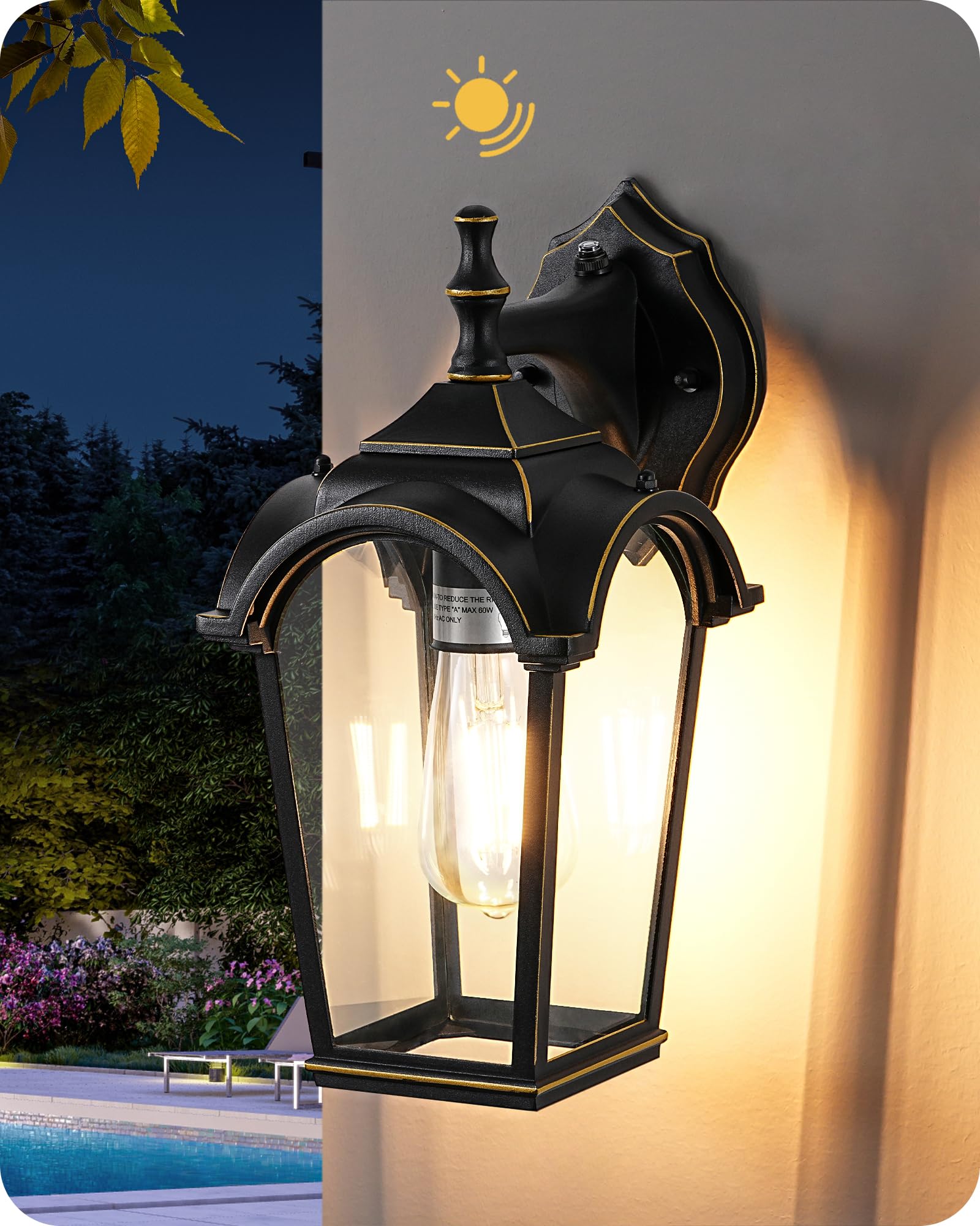 EDISHINE Dusk to Dawn Outdoor Wall Lights, Waterproof Exterior Light Fixtures, Black Wall Sconce Porch Lighting with Clear Tempe