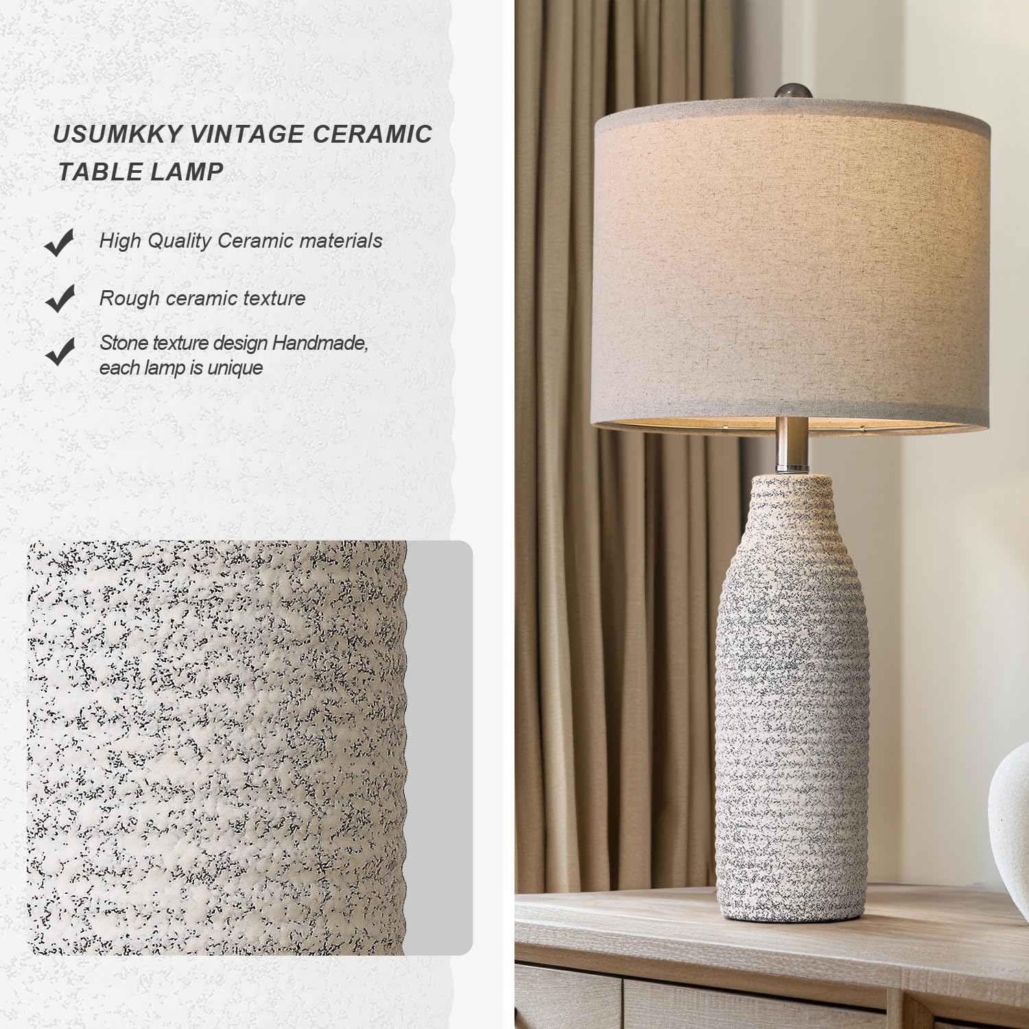 Usumkky 25'' Ceramic Table Lamps For Living Room, Modern Design Bedside Lamps Set Of 2, Nightstand Lamps For Bedroom With Rotary