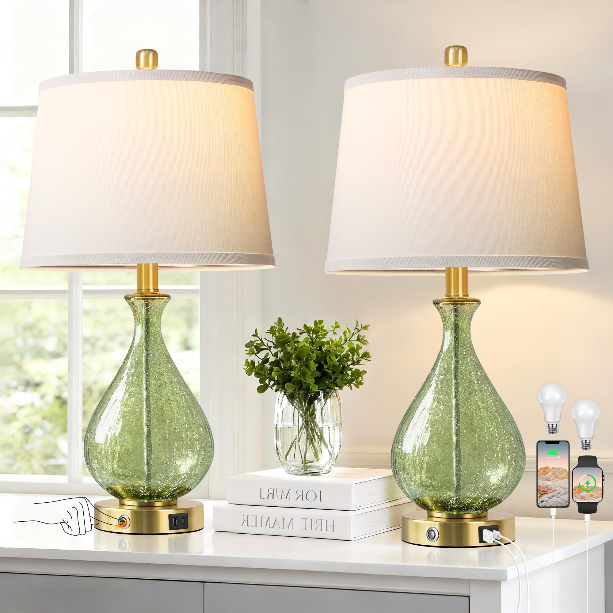 QiMH Green Glass Table Lamps for Living Room  Bedside Lamps Set of 2 with USB A+C Charging Ports  3 Way Dimmable Touch Lamps for Nightstand  22.5 Modern Table Lamp for Bedroom  Gold(Bulb Included)