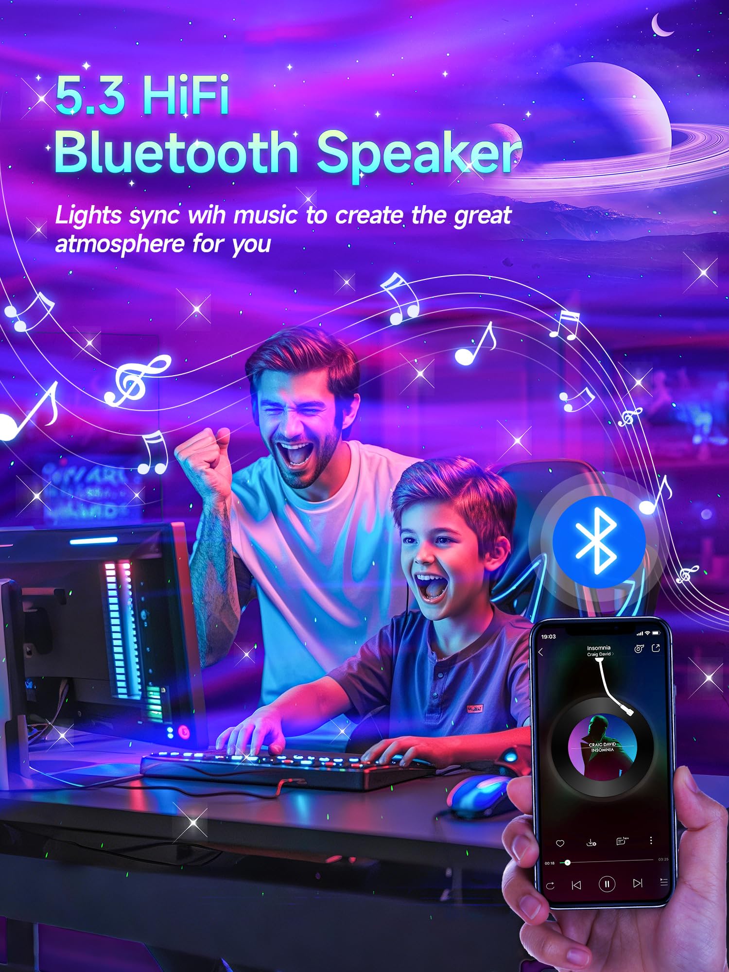 Staryou Northern Lights Projector - 300+ Colors, 5 Films, Bluetooth, Black, Model WH-E12A, Ideal for Kids' Bedrooms