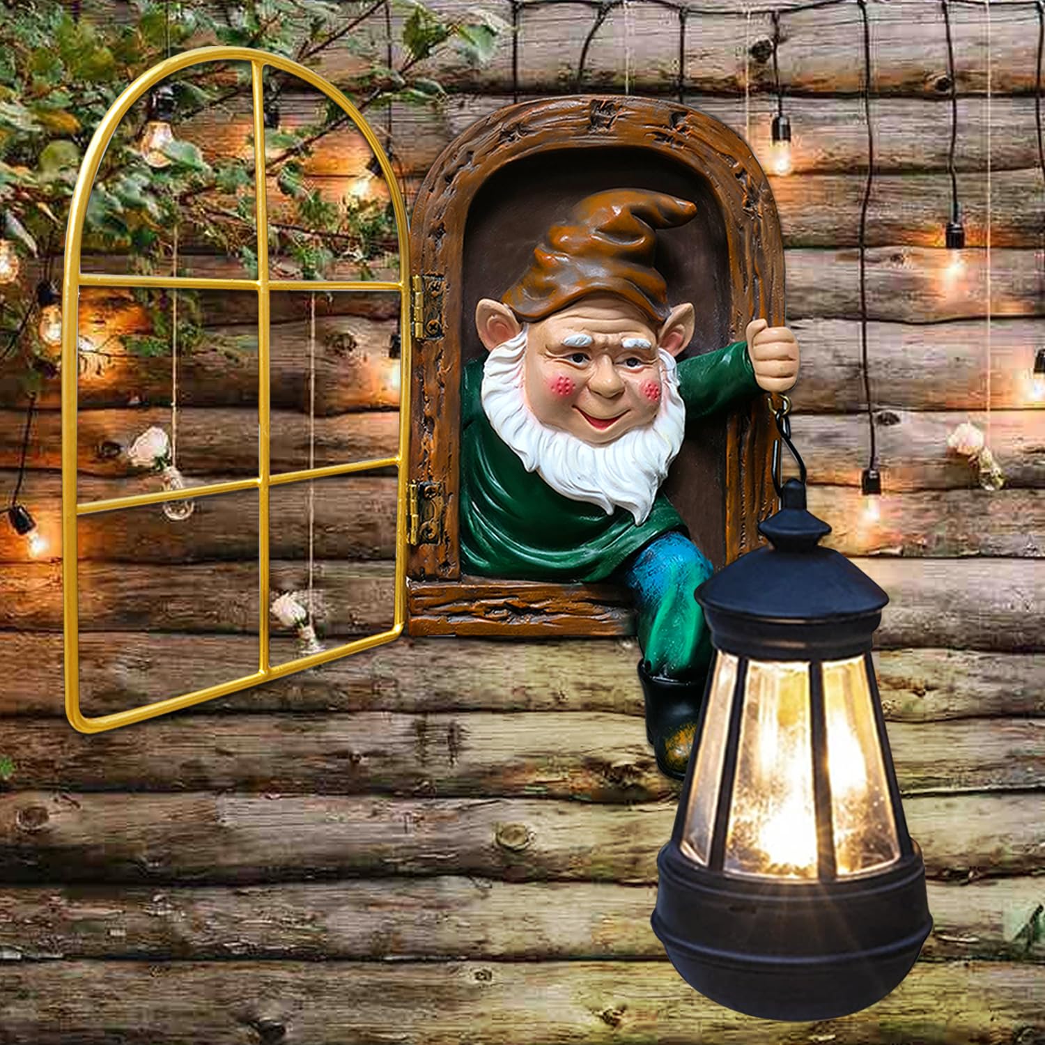 Fairy Garden Garden Gnomes with Solar Lantern Lights - Whimsical Elf Out The Window Yard Decorations Outdoor Tree Hugger Statues  Tree Face Sculpture  Ideal Gnomes Gifts for Patio  Fence  Wall