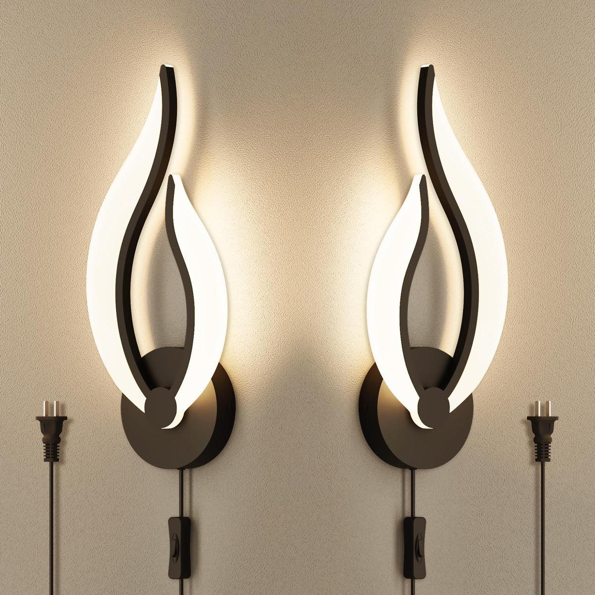 Pasoar Modern Led Wall Lamps For Bedrooms Set Of 2 Black Plug In Wall Light Fixtures 3000K 10Watt Wall Mounted Bedside Lamps 110V Ac