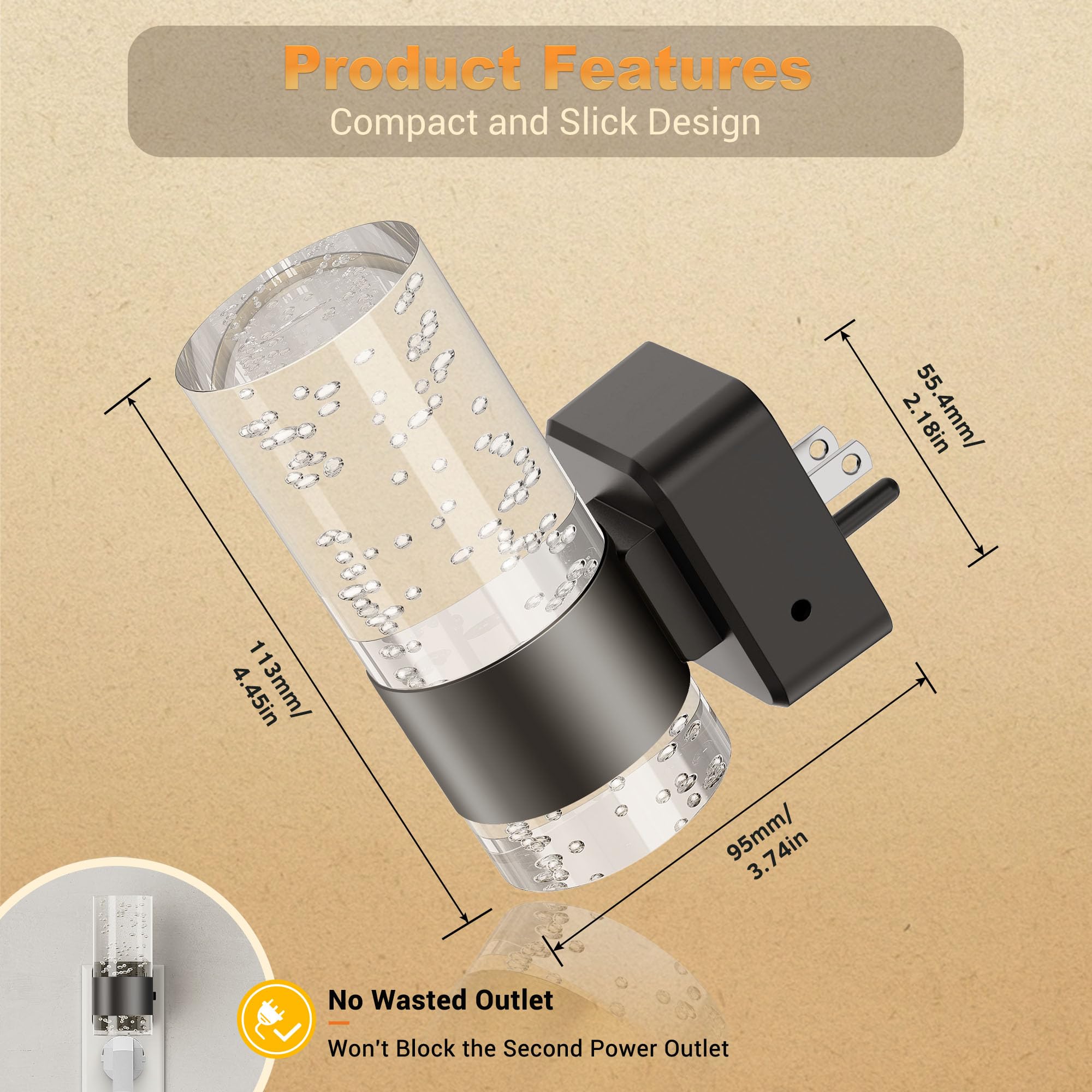 JandCase Night Light LED Plug-in with Adjustable Brightness, 5000K, Plastic, Black, 1 Pack, Model C-GY19703DBK2US