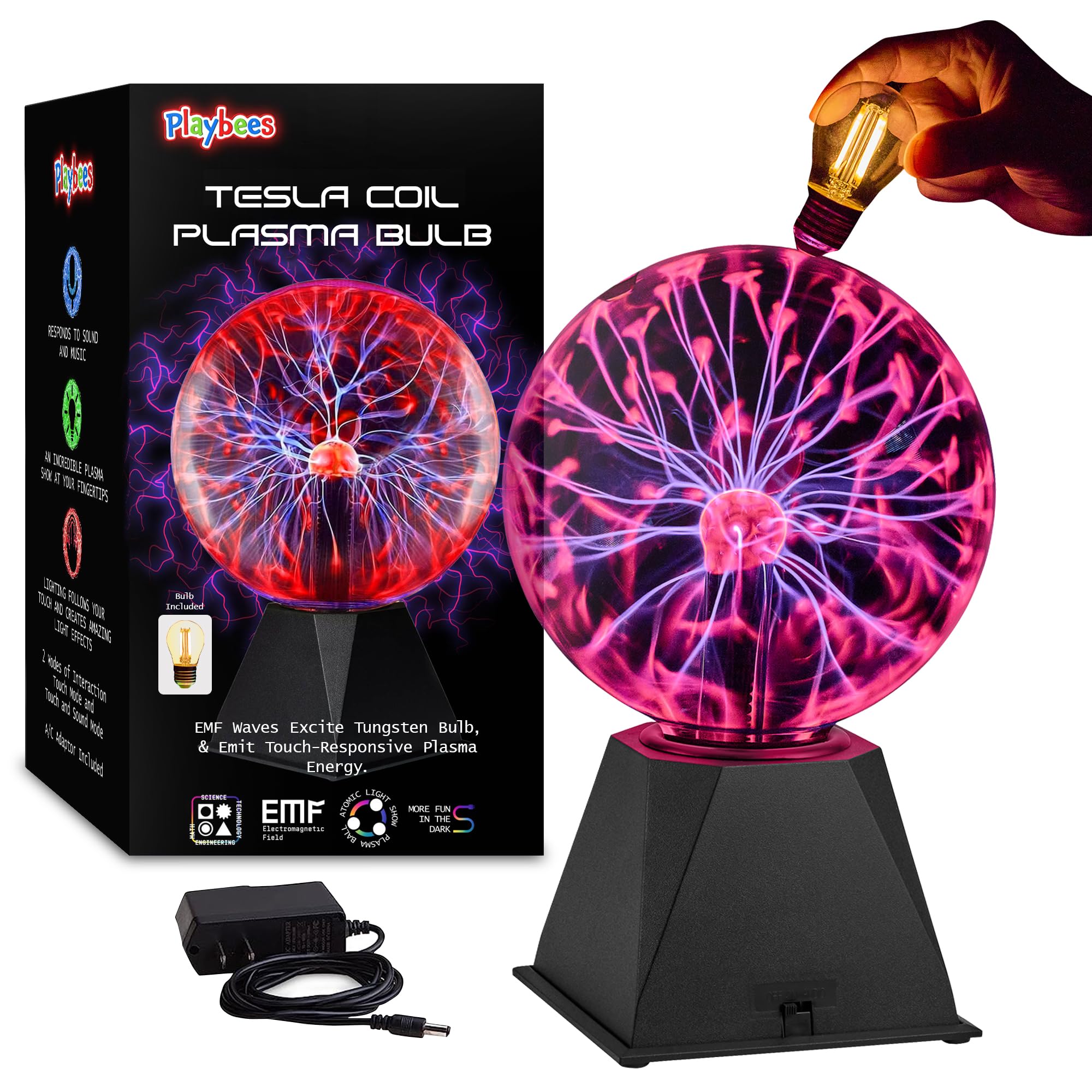 Playbees Red Plasma Ball - 7 Inch Tesla Coil Bulb in Vacuum Glass Globe - Static Electricity Display for Decorations and STEM Activities