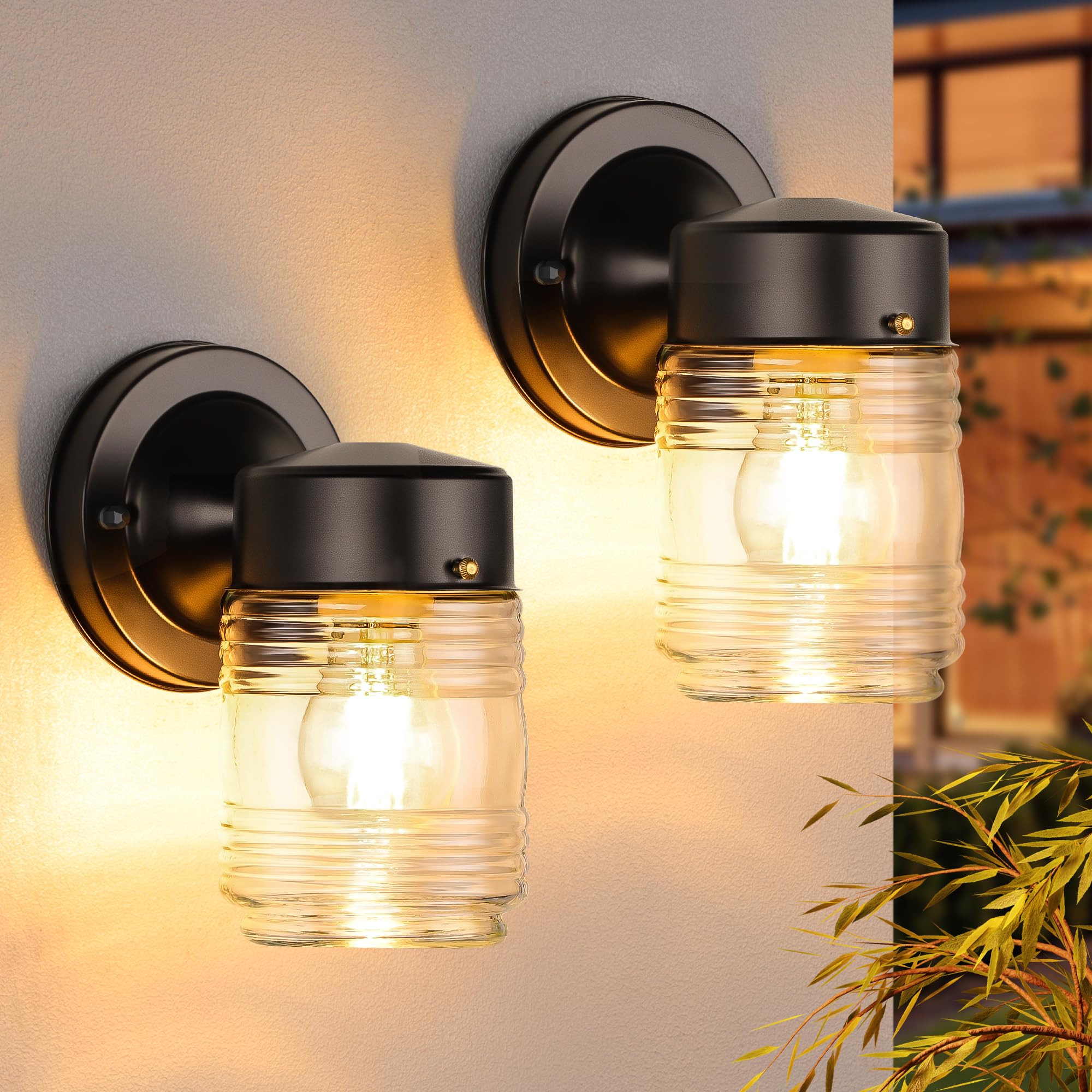 Matameye Jelly Jar Outdoor Wall Lantern, Black Exterior Waterproof Wall Mount Lighting Fixture, Anti-Rust Front Door Wall Sconce With Clear Ribbed Glass Shade, E26 Socket Wall Lamp For Patio, 2 Pack