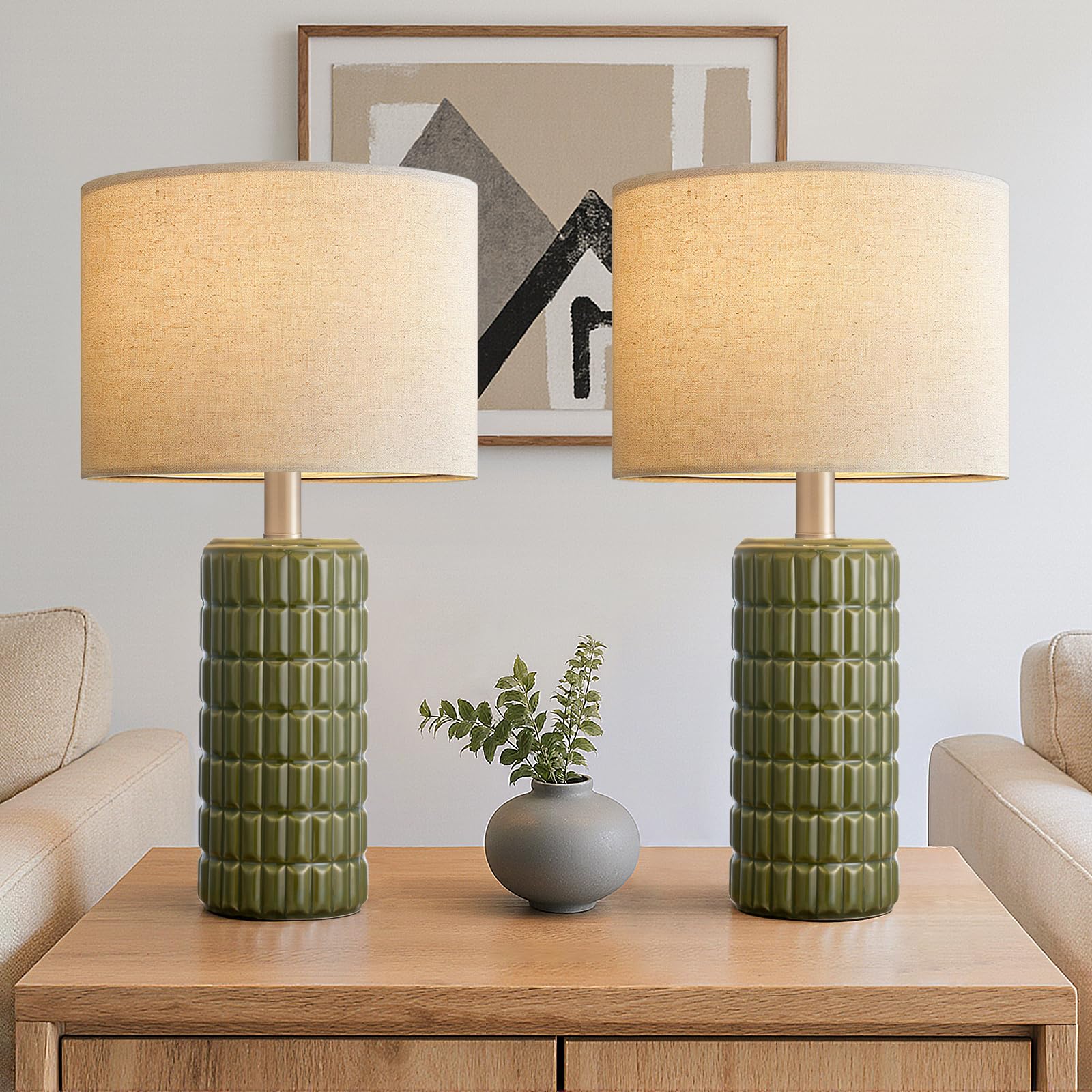 23 Modern Ceramic Table Lamps Set of 2 - Table Lamps for Living room  Farmhouse Bedside Night Stands Lamp for Bedroom  White Boho Nightstand Lamps Set of 2  Desk Lamp for End Table Home Decor(Green)