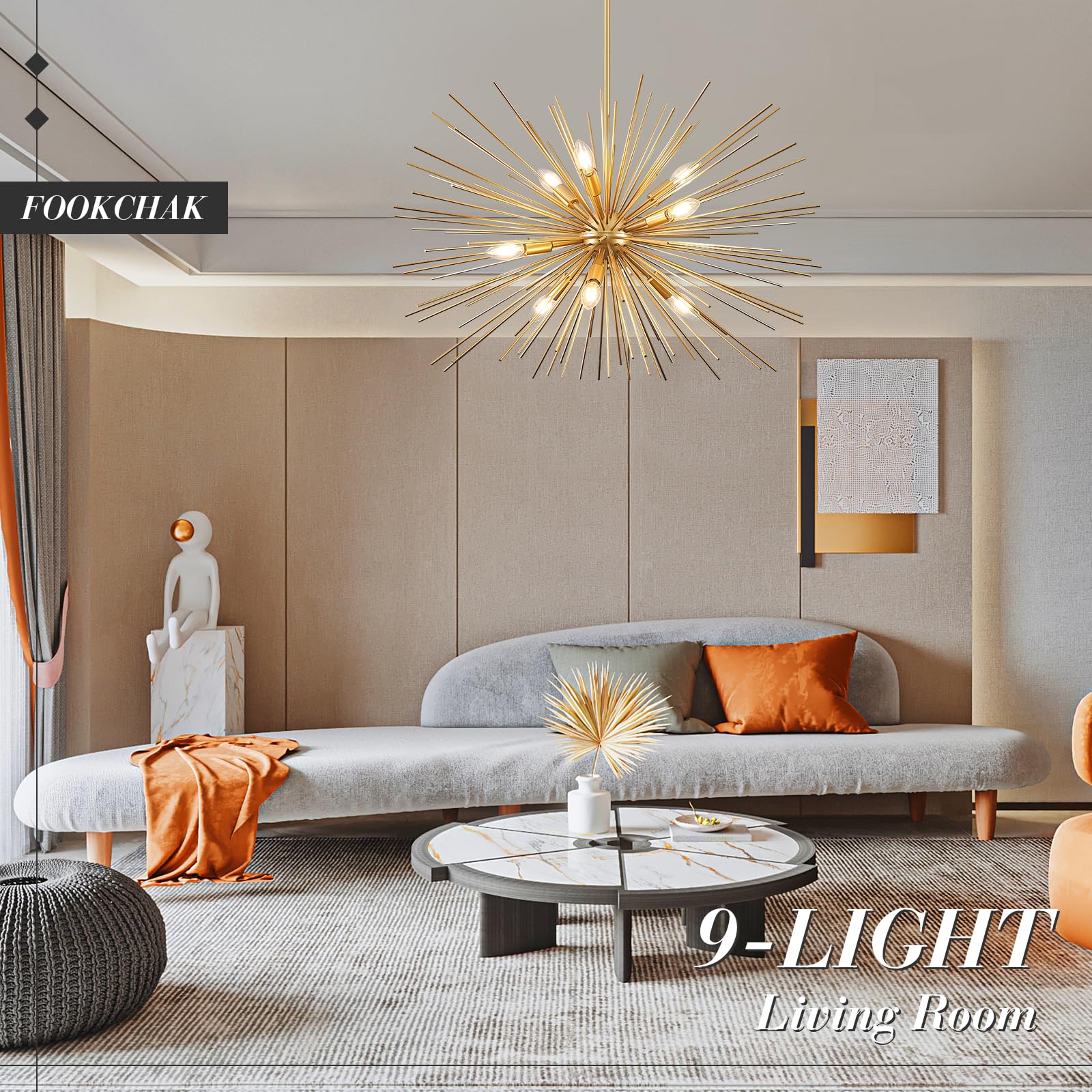 FookChak 32in Gold Sputnik Chandelier, 9-Light Metal Starburst Fixture, Mid-Century Modern Design for Living Room, Dining Room, Foyer