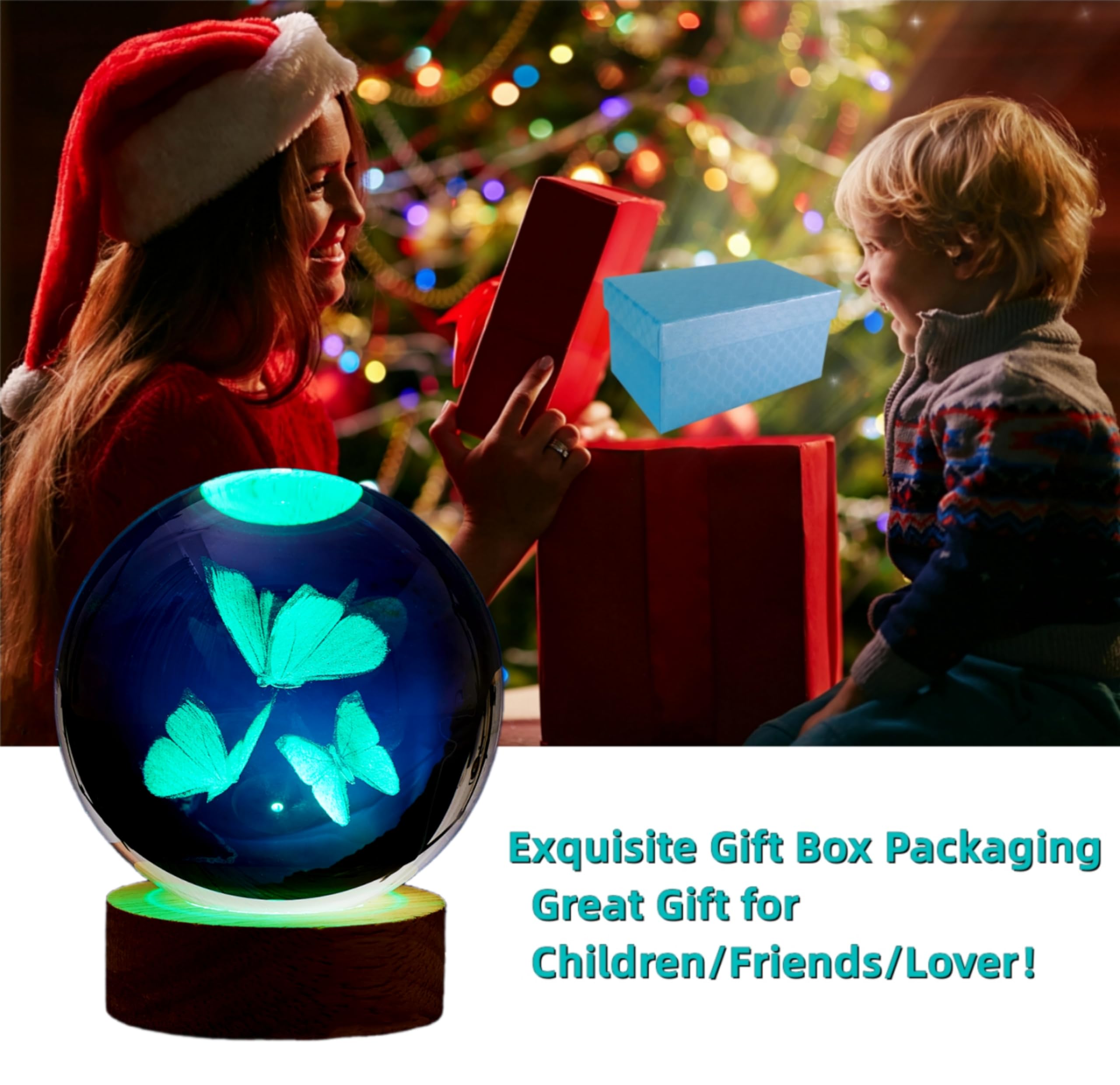DIGFPWT Butterfly Crystal Ball Night Light, 3.15 Inch, 16 Colors with Remote, Crystal Material, Gift Box Packing