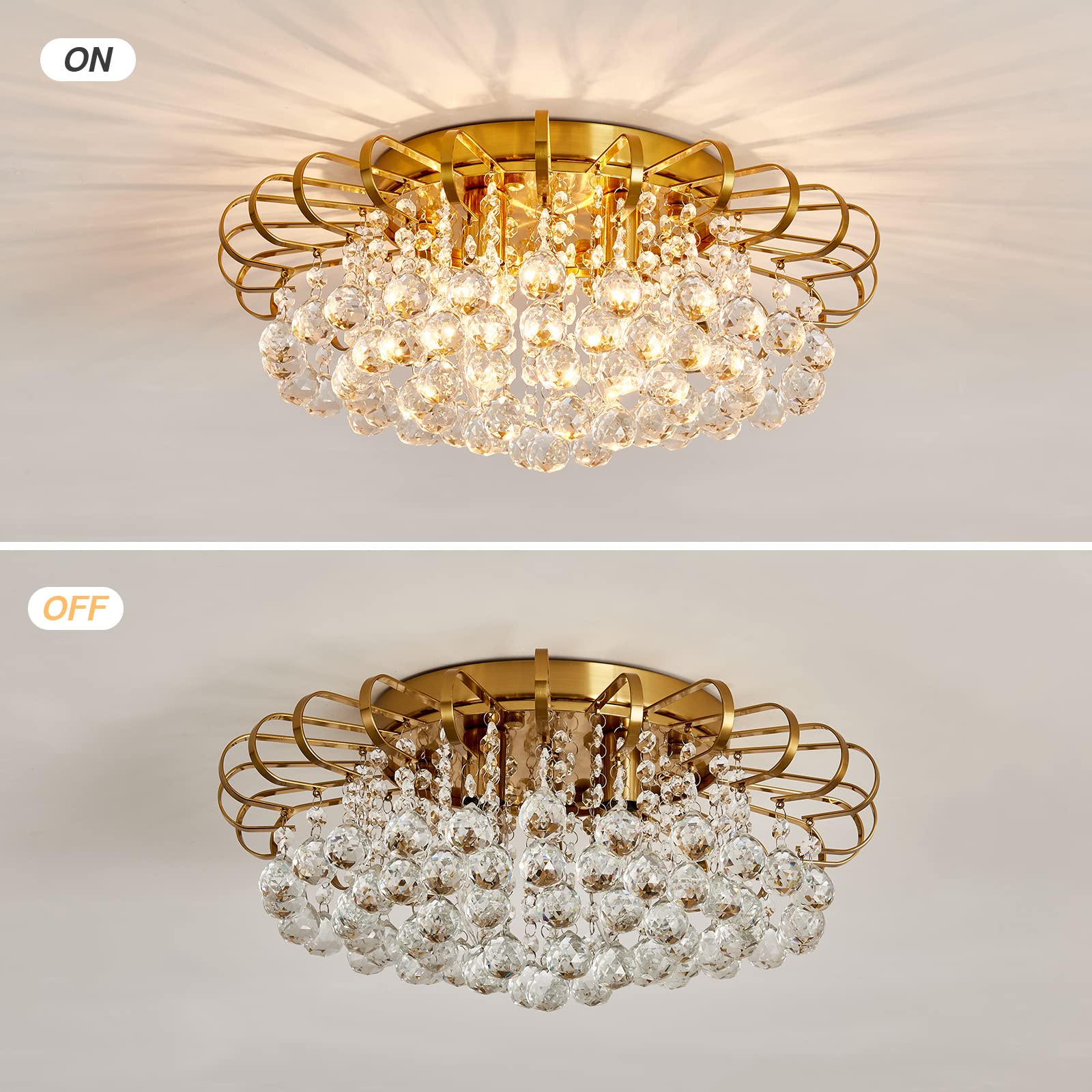 CVKASH 4-Lights Crystal Chandelier, Modern Semi Flush Mount Ceiling Light, 17.7 Inch, Gold Finish for Living Room, Hallway, Dining Room