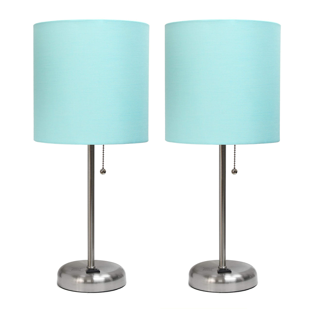 Simple Designs Lc2001-Aqu-2Pk Brushed Steel Stick Table Lamp Set With Charging Outlet And Aqua Fabric Shades, 2 Pack Set