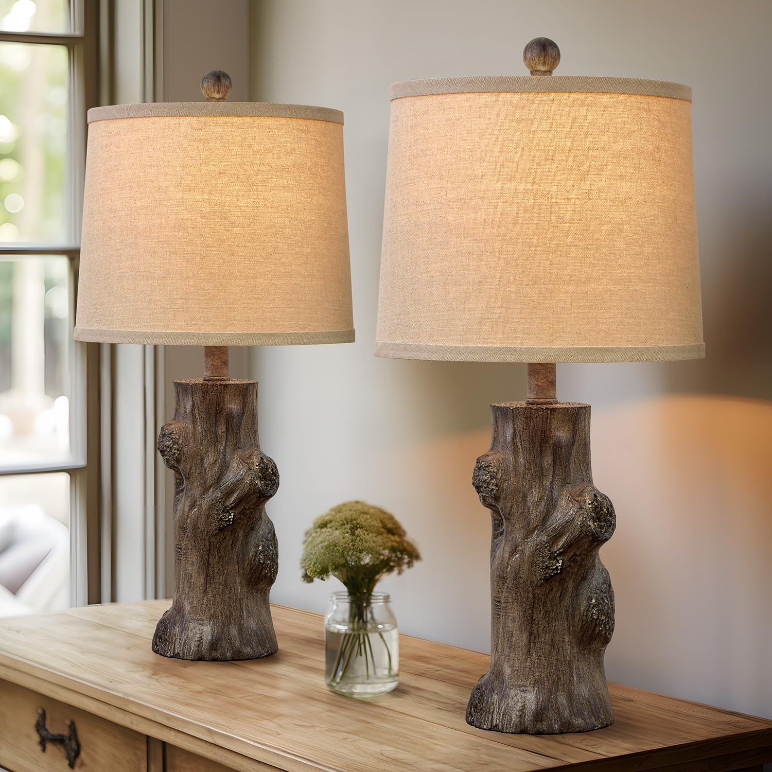 OYEARS 23" Resin Table Lamps Set of 2, Brown-4, Vintage Rustic Design for Living Room and Bedroom, Model AMZ-T1152GR
