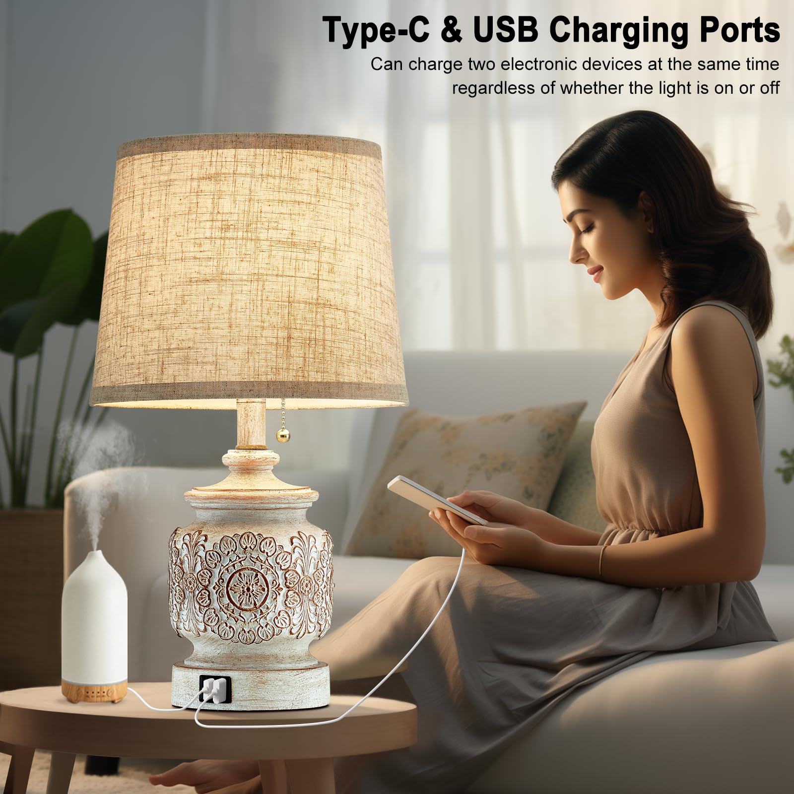 19.5'' Farmhouse Vintage Table Lamps For Living Room Set Of 2 Traditional Rustic Bedside Lamps For Bedrooms Nightstand With Usb