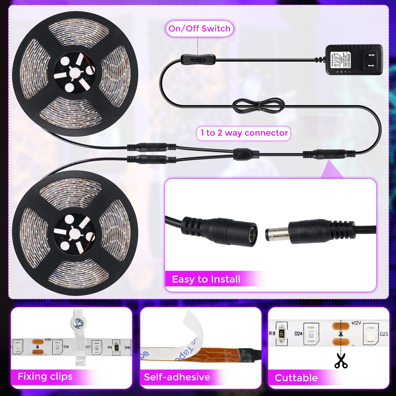 Led Uv Black Light Strip Kit, Ultraviolet Waterproof Ip65 32.8Ft/10M 3528 600Leds, 395Nm-405Nm Blacklight For Dj Bar Club Party Decor Night Fishing With 12V Power Supply