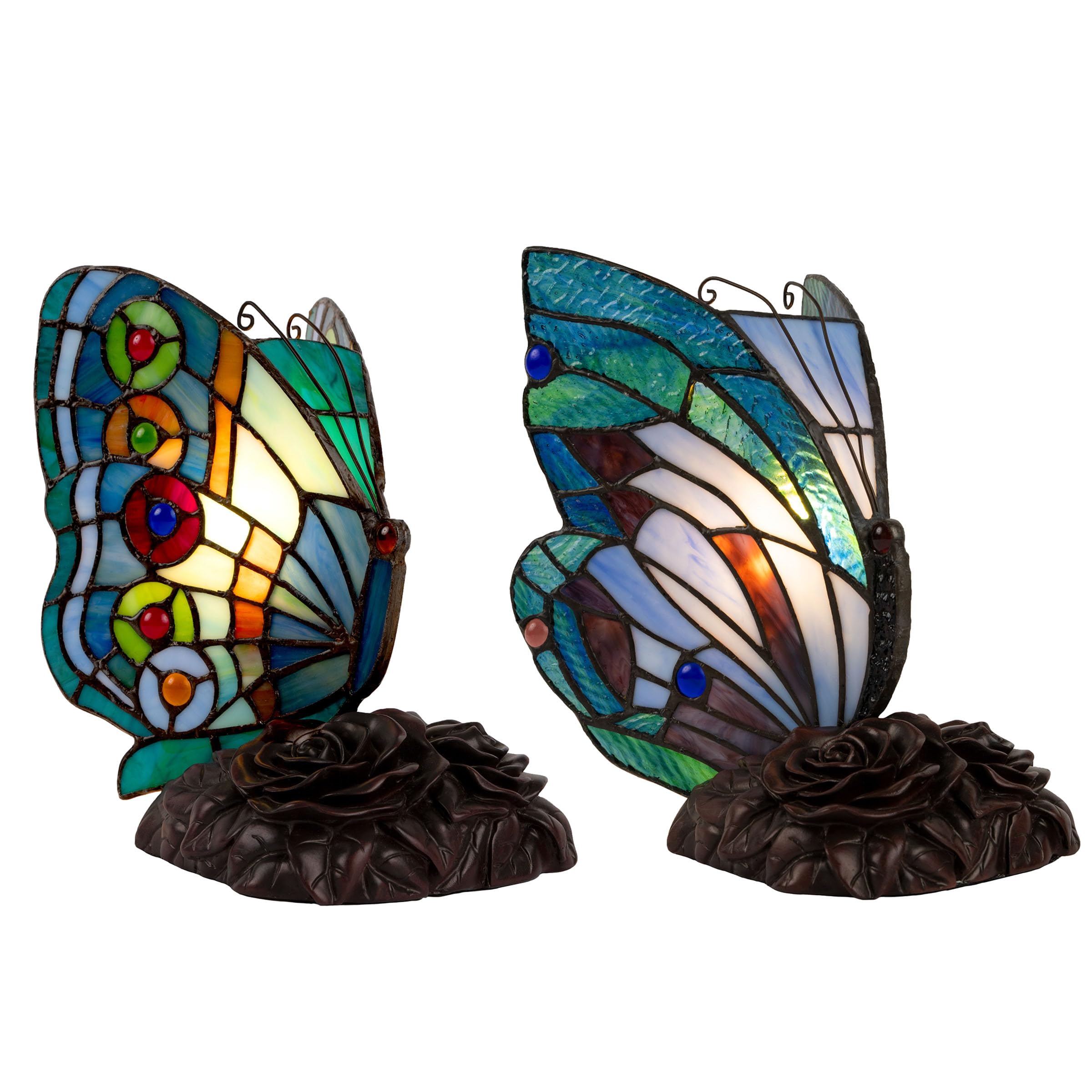 Lavish Home Tiffany Style Butterfly Table Lamp - Set Of 2 Stained Glass Desk Or Night Light Lamps With Led Bulbs - Vintage-Style