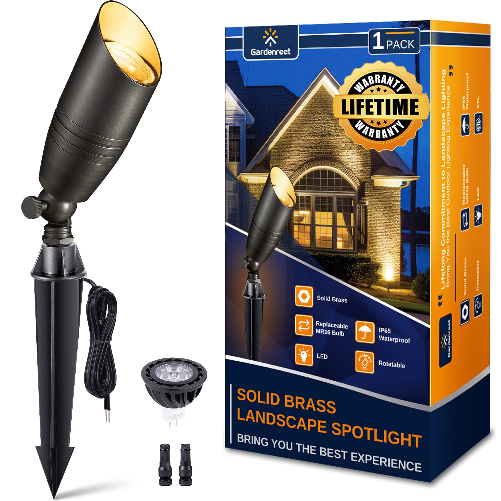 Gardenreet Landscape Spotlights Low Voltage - Brass 12V Outdoor Uplight LED, Wired Spot Lights IP65 Waterproof, Antique Bronze f